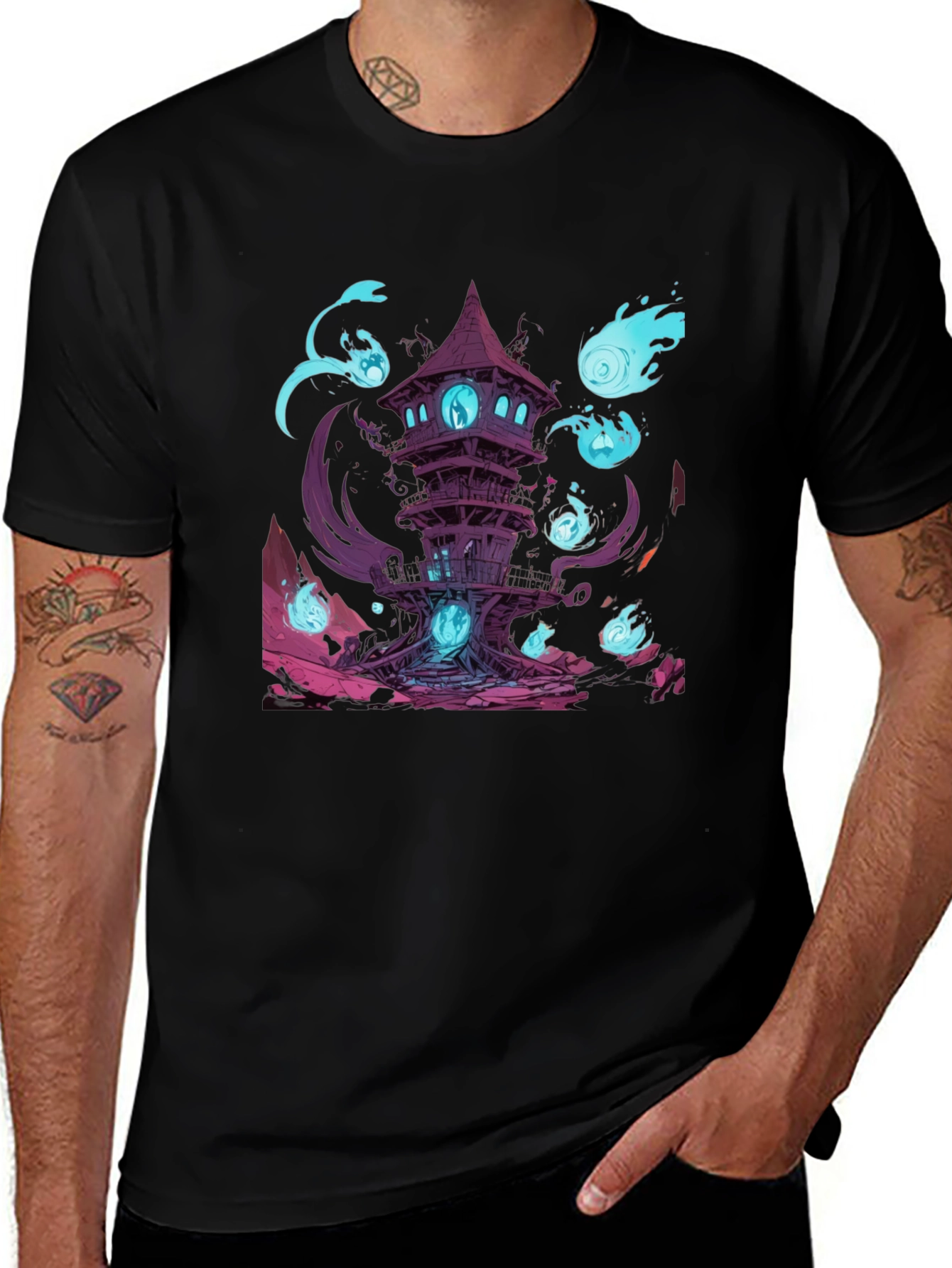 Spooky Tower Graphic Black T-Shirt