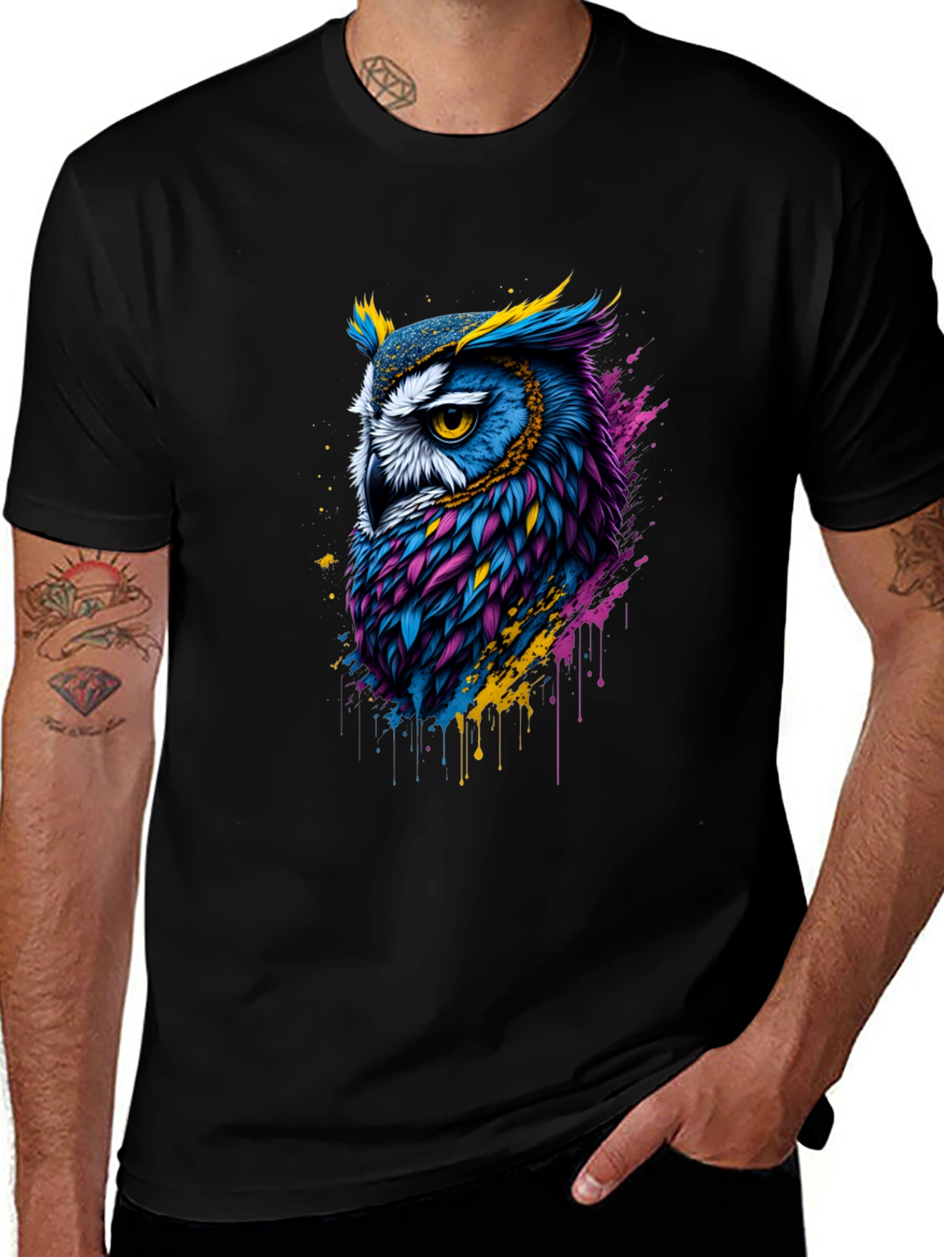 Variant 26 of Artistic Owl Graphic Print Black T-Shirt