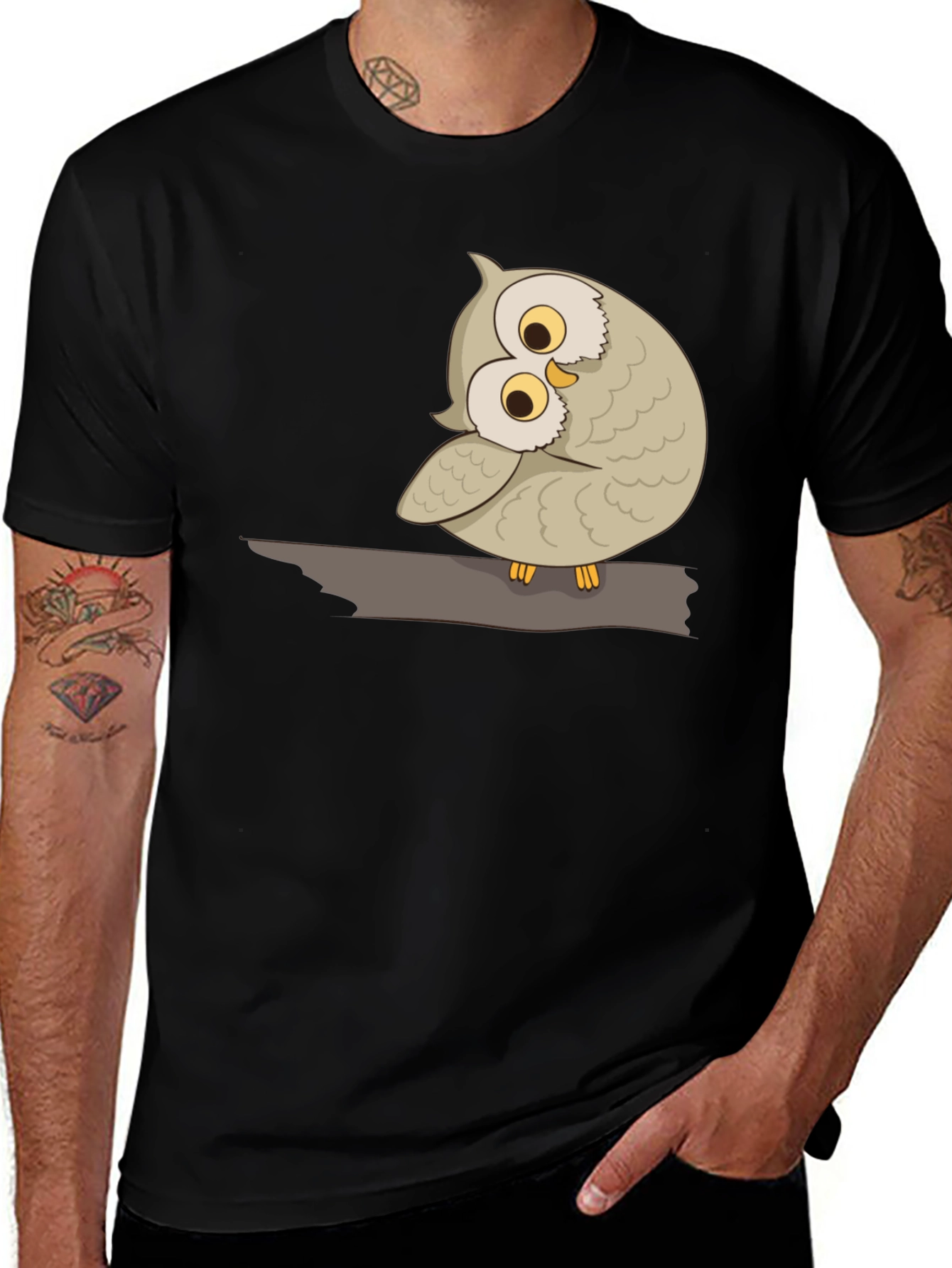 Variant 18 of Cute Owl on Branch Graphic Tee - Black Cotton T-Shirt
