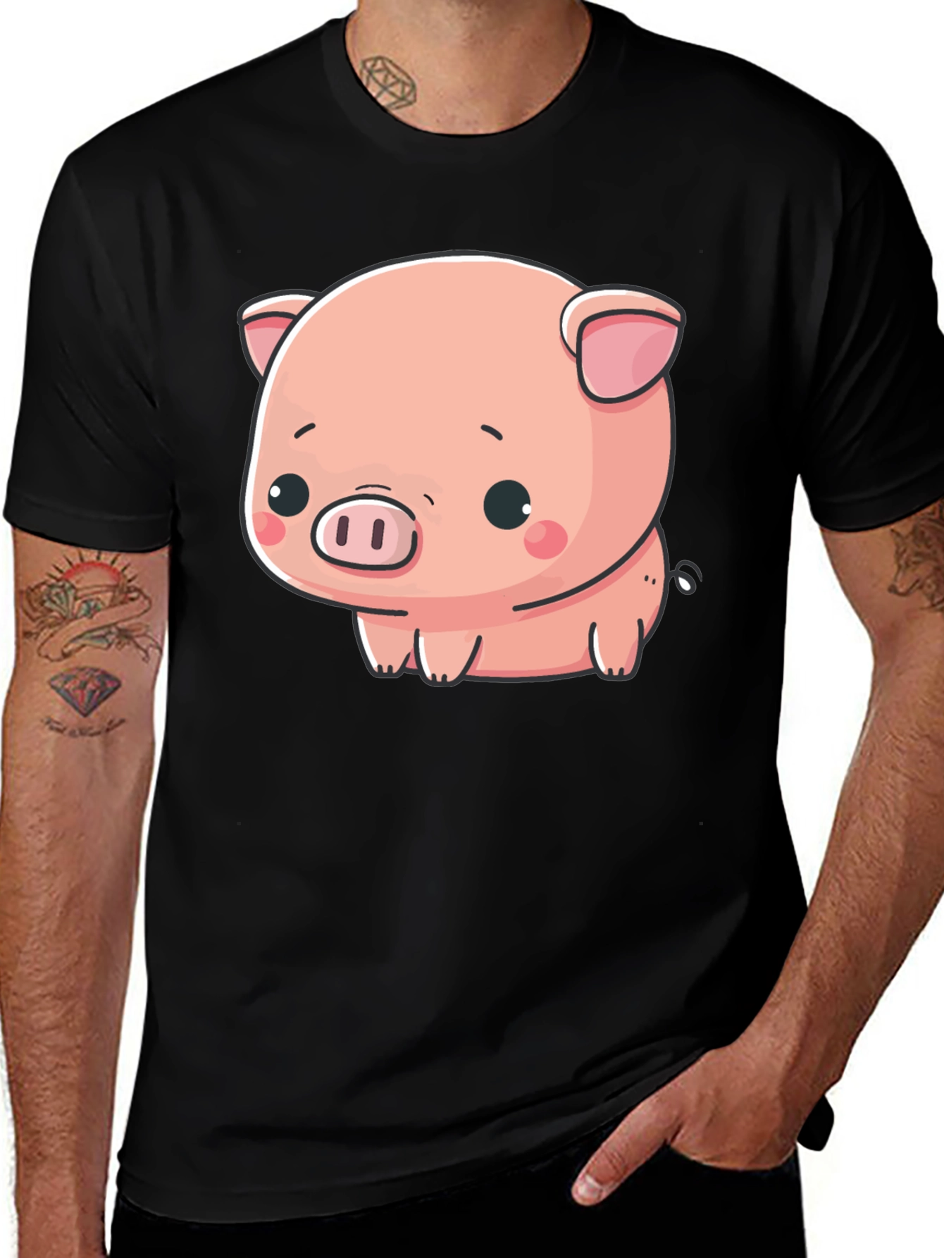 Variant 9 of Cute Pig Graphic Tee - Black Cotton Blend Shirt