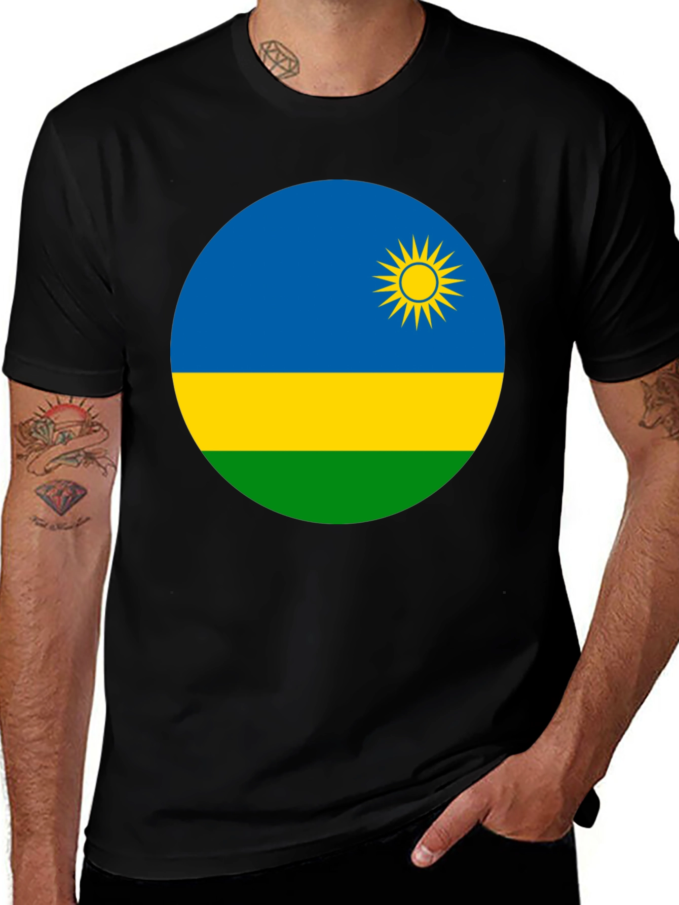 Variant 9 of Rwanda Flag Graphic T-Shirt - Black Crew Neck Tee