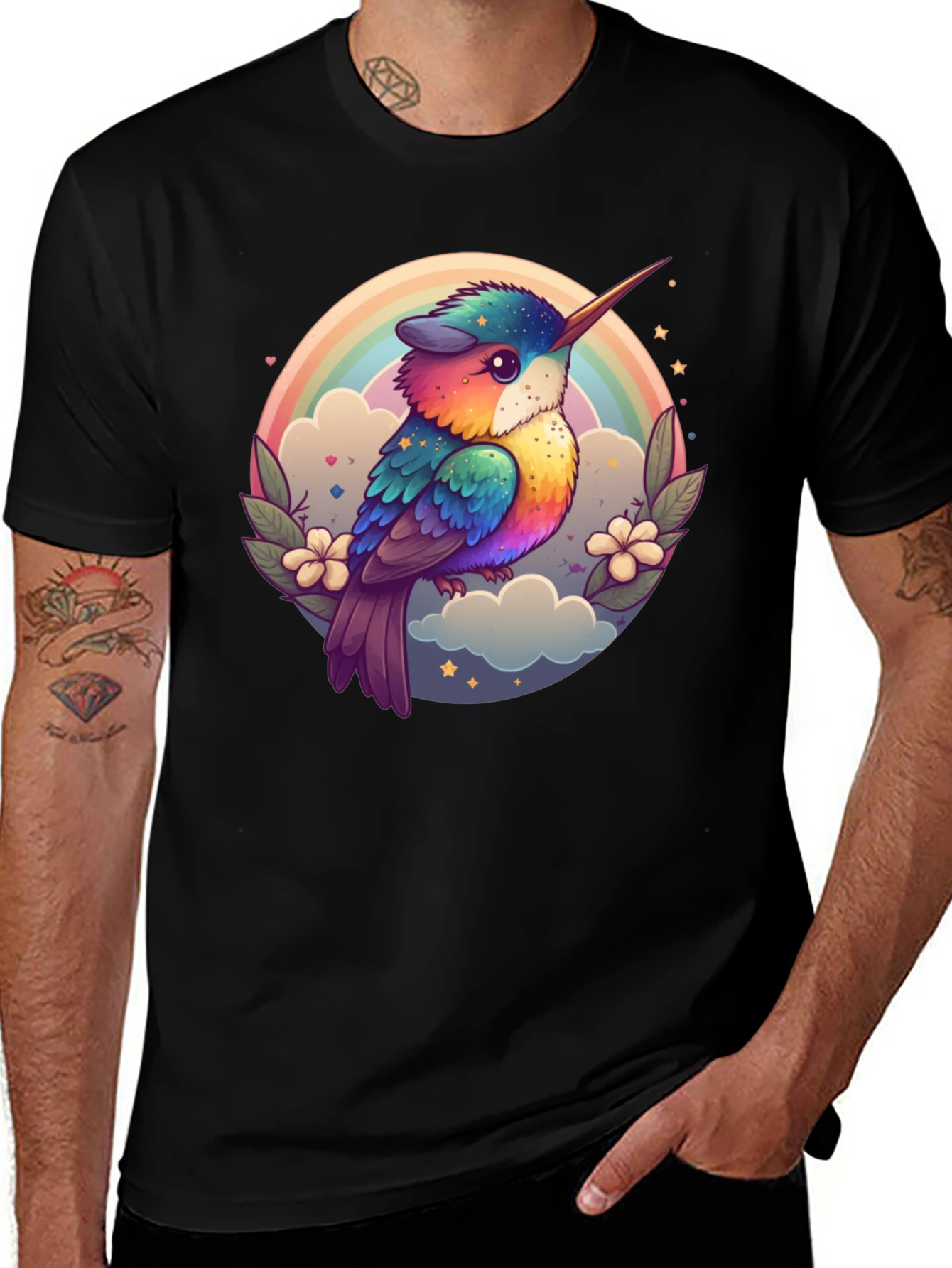 Variant 11 of Rainbow Hummingbird Graphic Black Tee