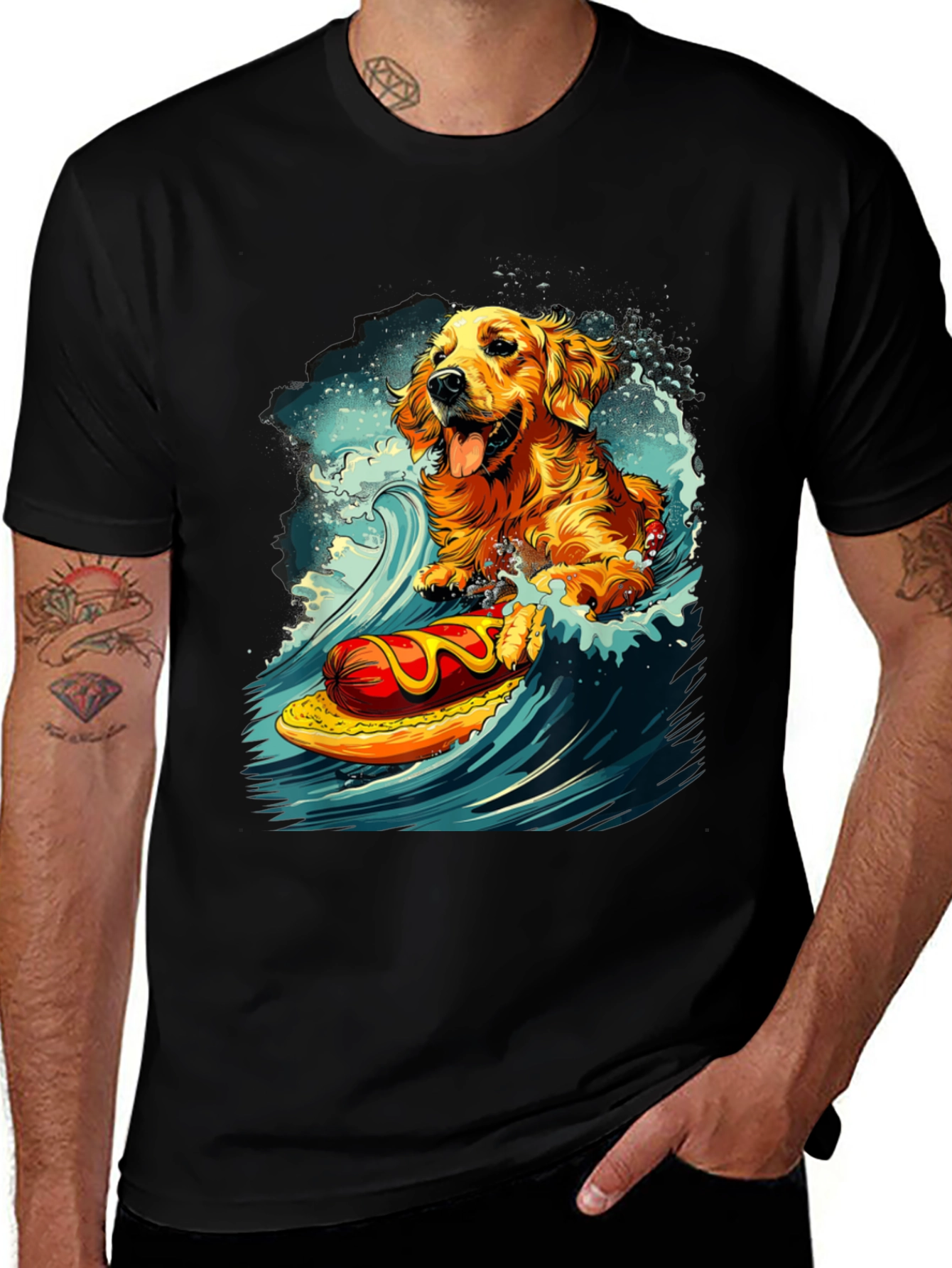 Variant 21 of Surfing Golden Retriever Hot Dog T-Shirt