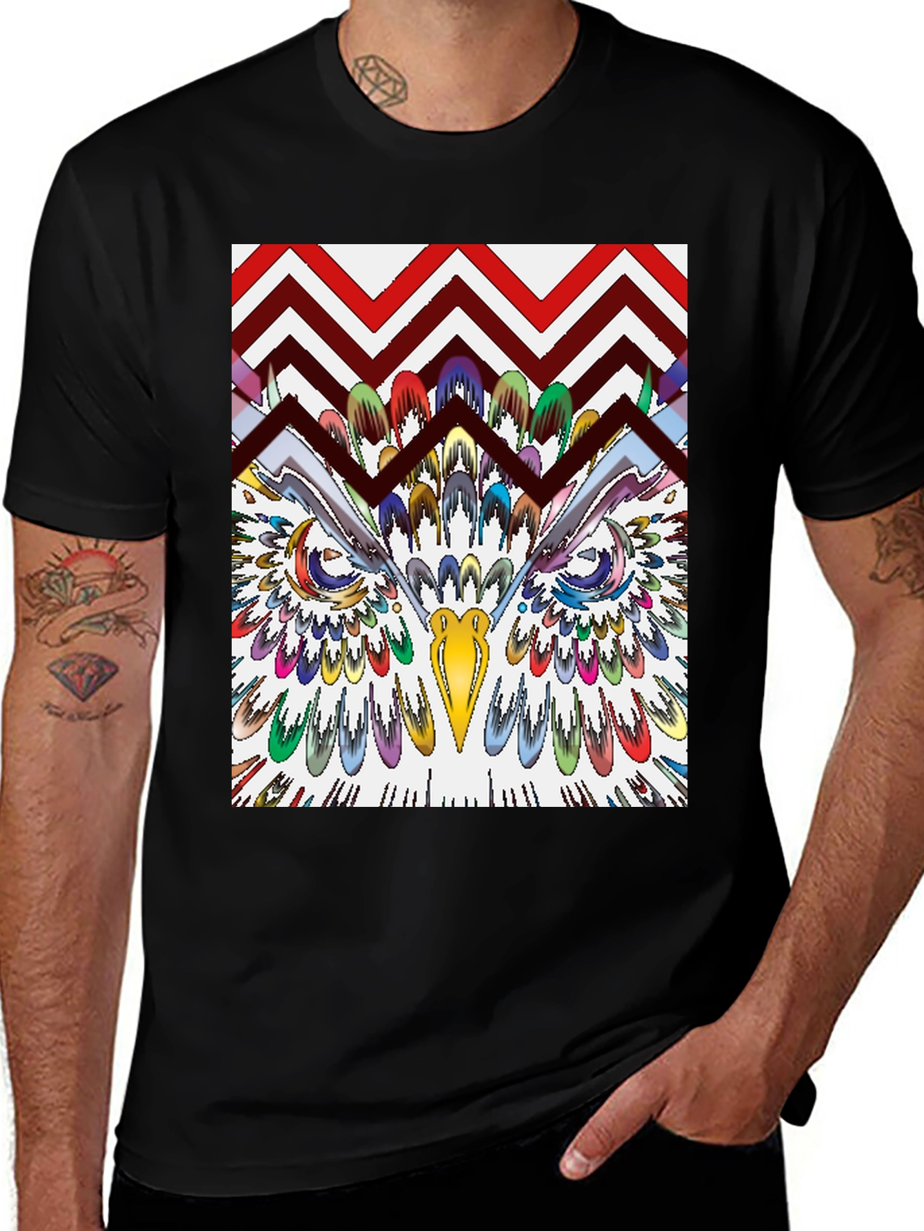 Variant 8 of Psychedelic Owl Graphic Print Black T-Shirt