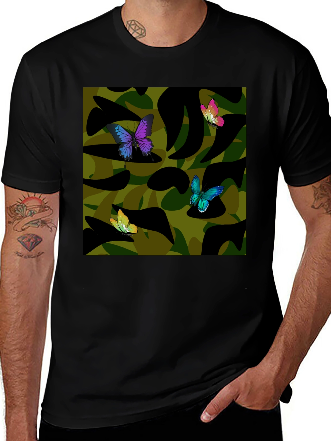 Variant 5 of Butterfly Camo Graphic Tee - Stylish Men's Black T-Shirt