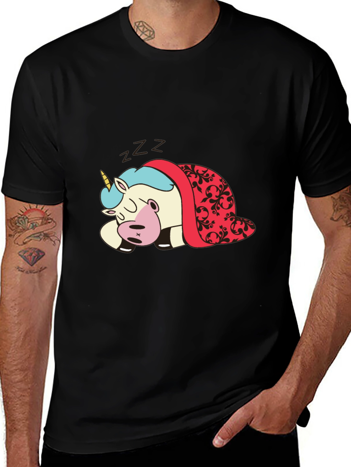Variant 5 of Sleeping Unicorn Graphic Tee - Black Cotton T-Shirt