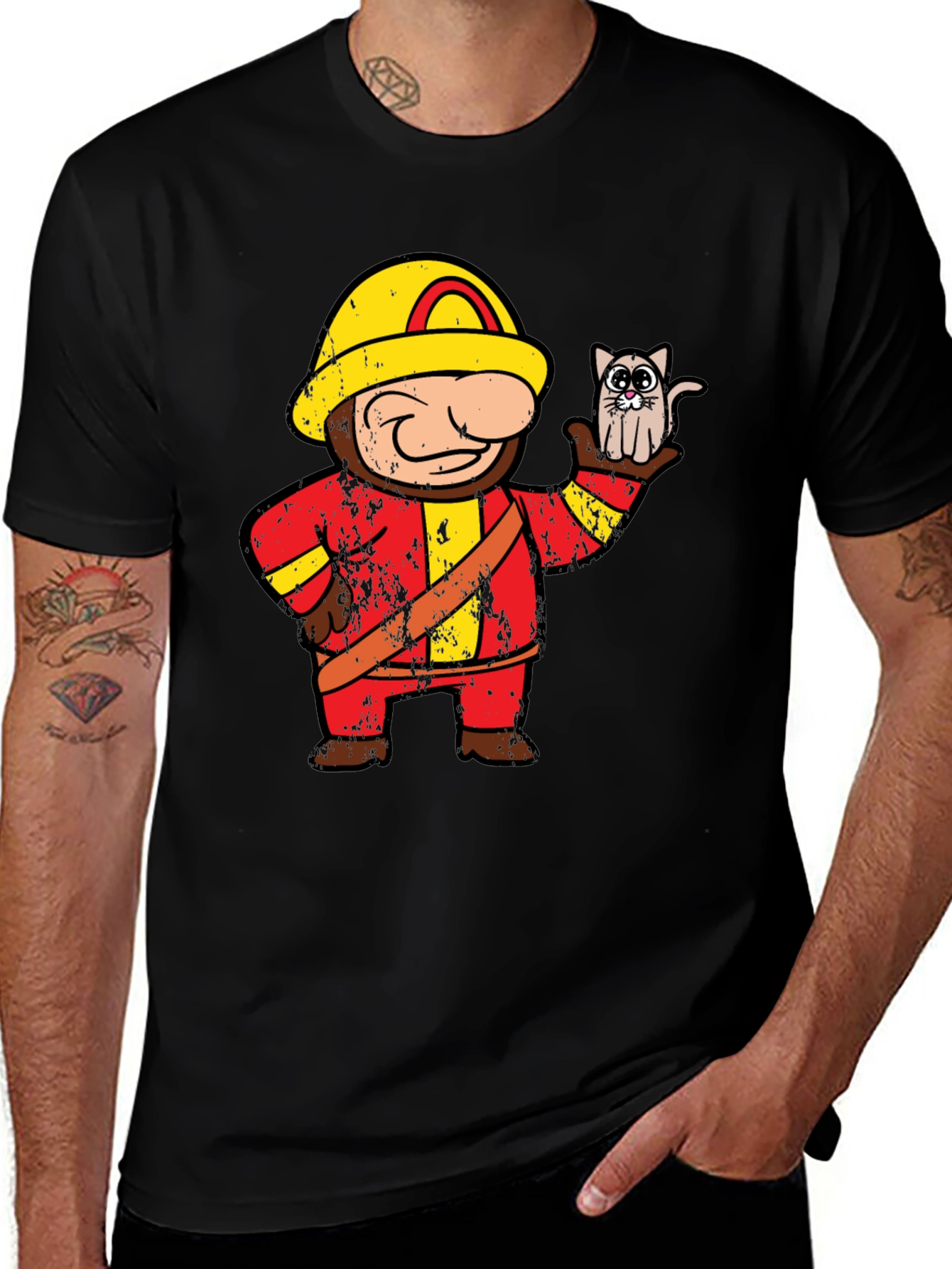Variant 29 of Funny Fireman & Cat Graphic Black T-Shirt