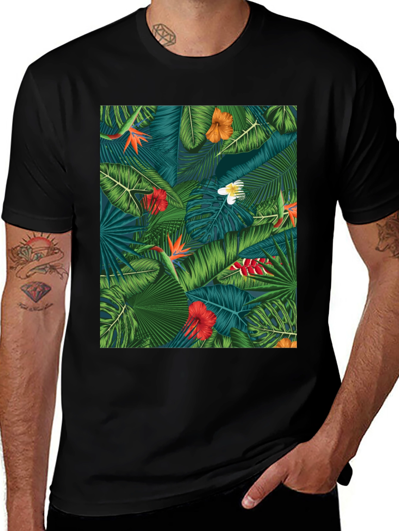 Variant 9 of Tropical Floral Print Black T-Shirt