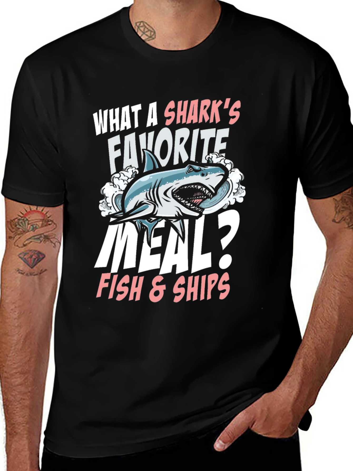 Variant 27 of Shark's Favorite Meal T-Shirt: Fish & Ships Pun Tee