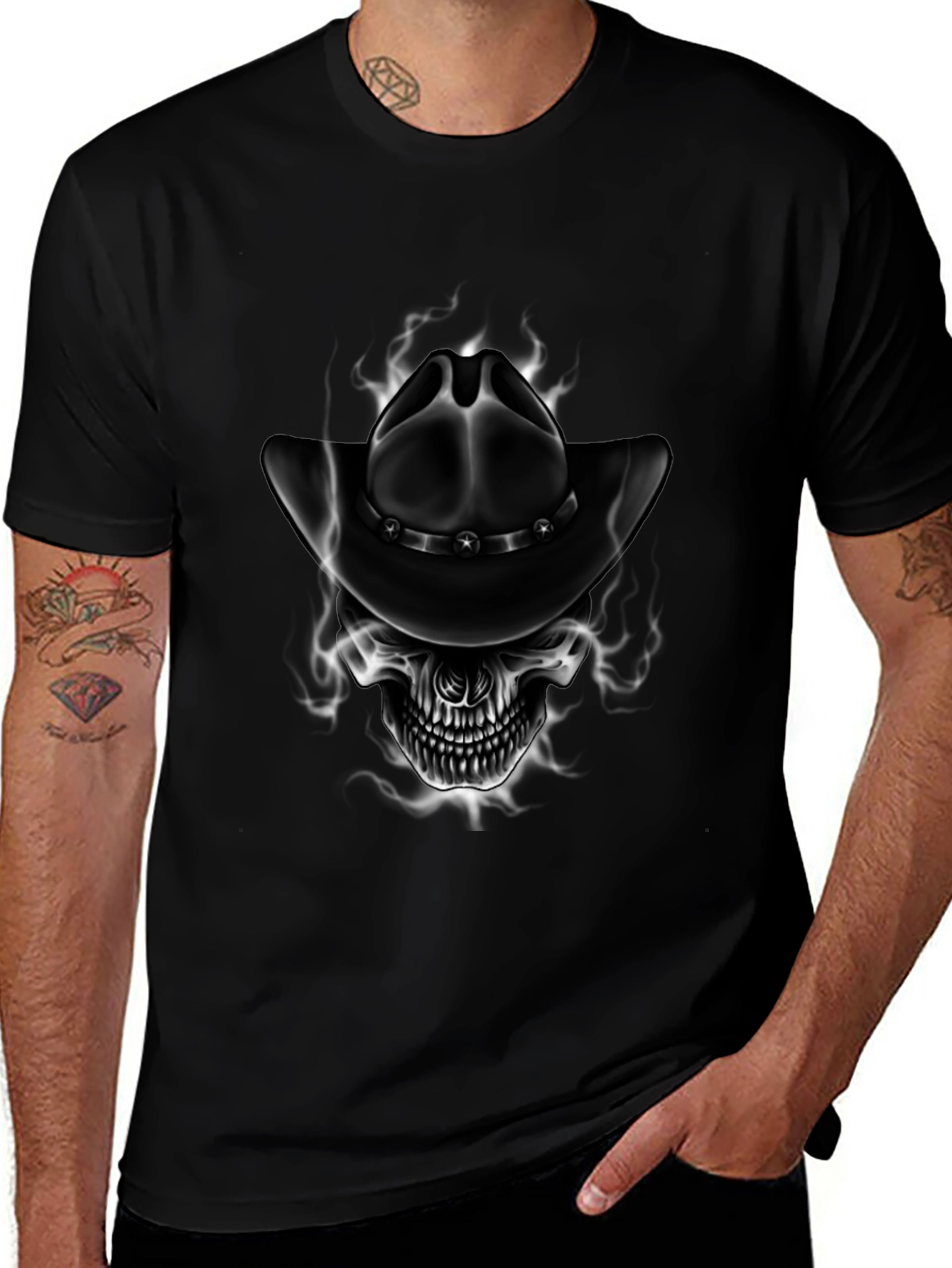 Variant 10 of Skull Cowboy Hat Graphic Tee - Black