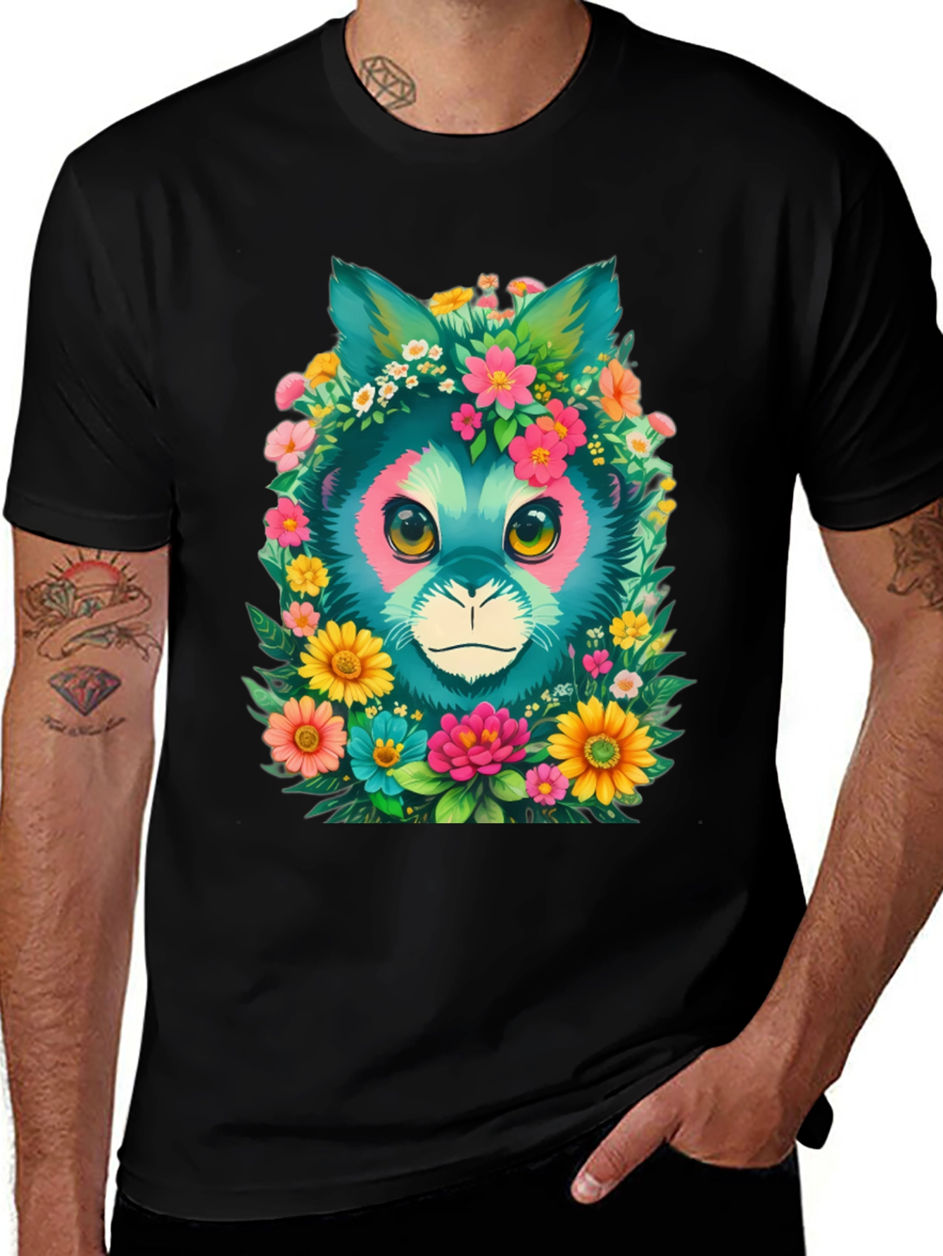 Variant 24 of Floral Feline Graphic Tee - Black Cotton T-Shirt