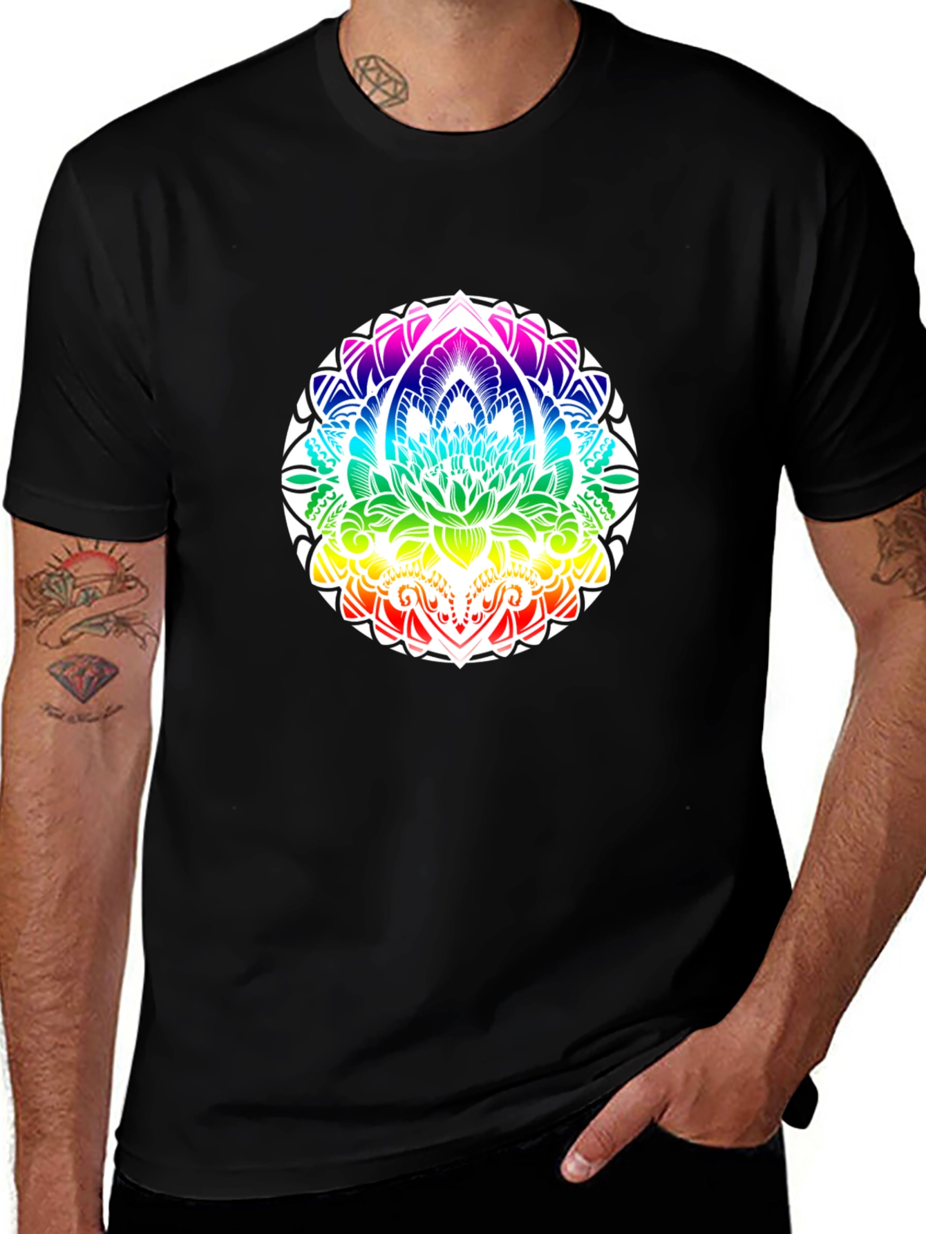 Variant 19 of Rainbow Mandala Graphic Black T-Shirt