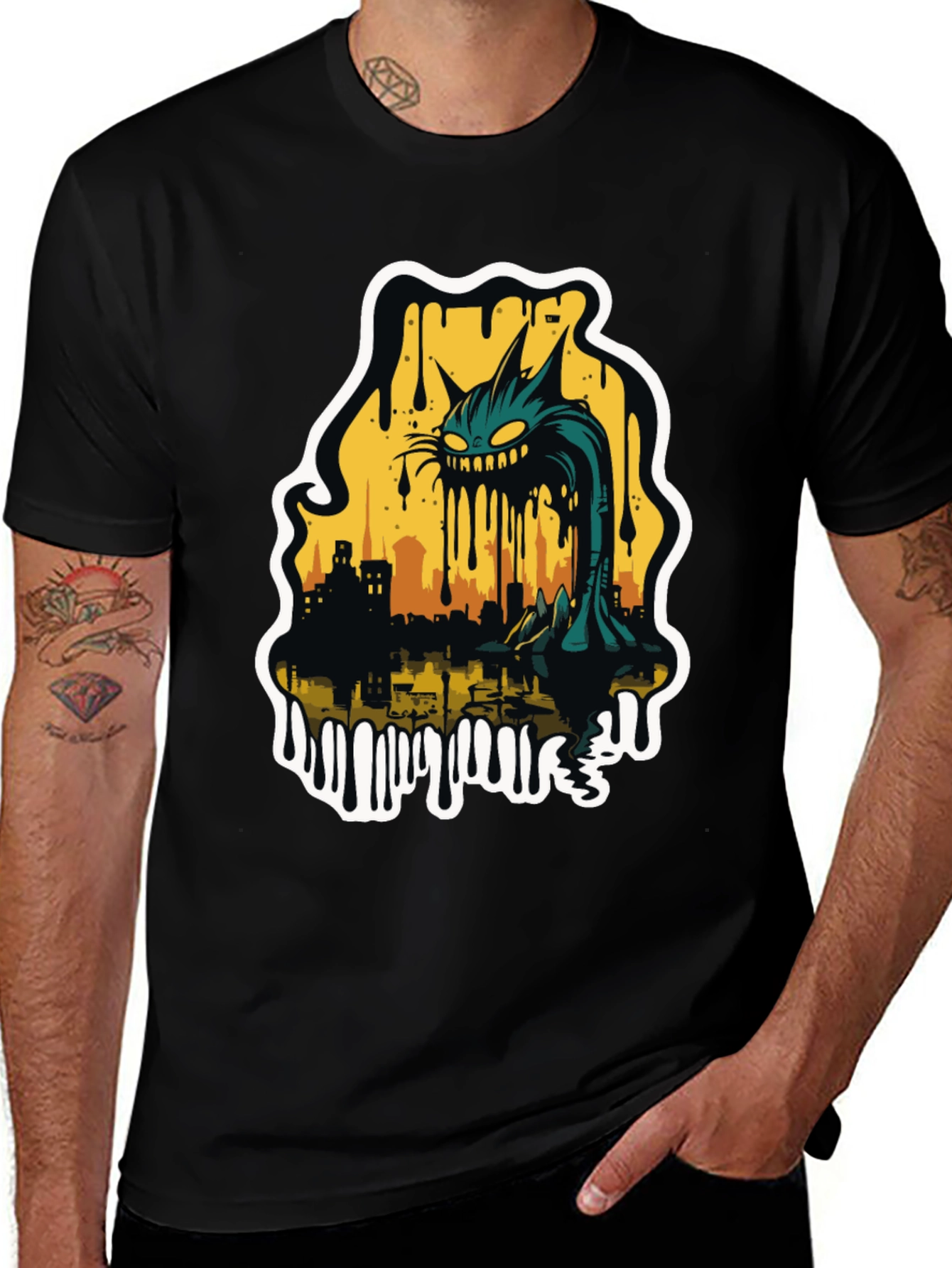 Variant 11 of Monster Cat Cityscape Graphic Tee - Black
