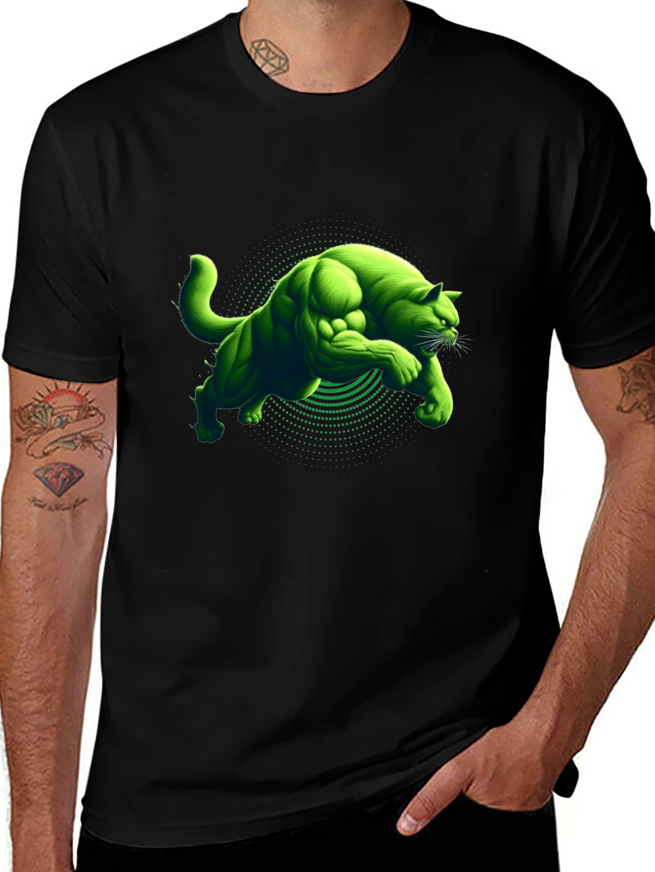 Green Muscular Cat Graphic Black T-Shirt