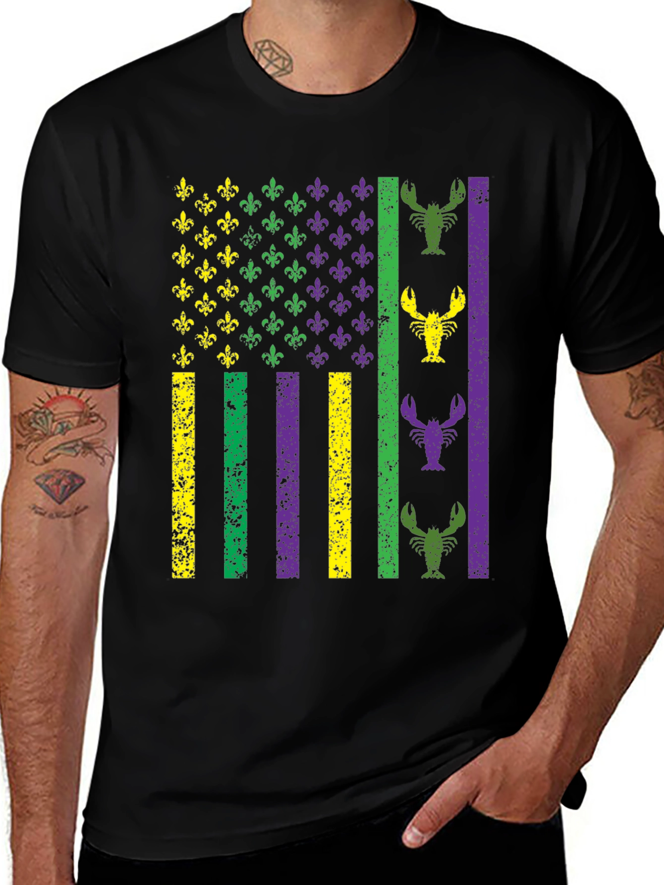 Mardi Gras Flag T-Shirt: Fleur de Lis & Lobster Design