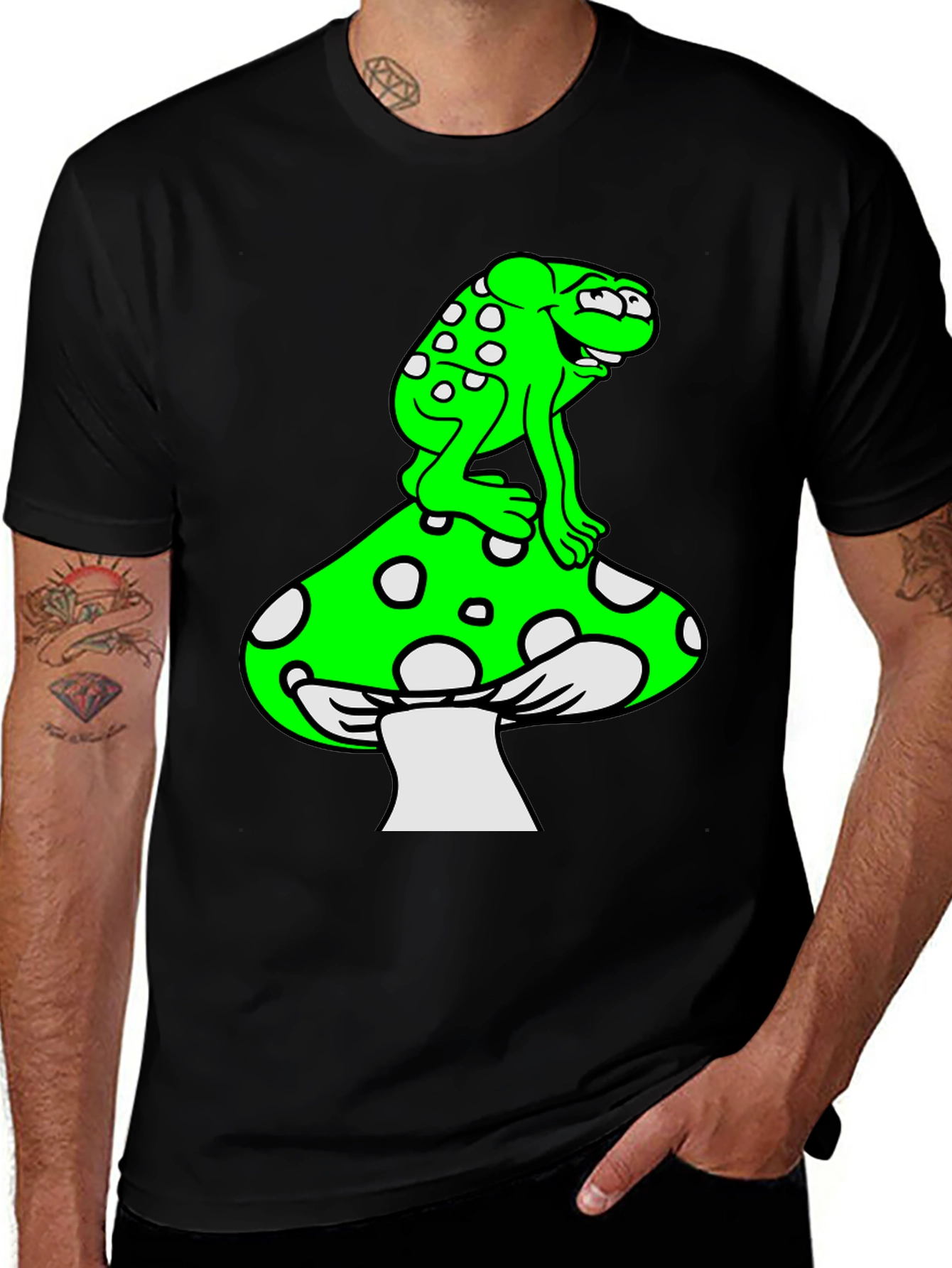 Variant 2 of Frog on Mushroom Graphic Tee - Black Cotton Blend