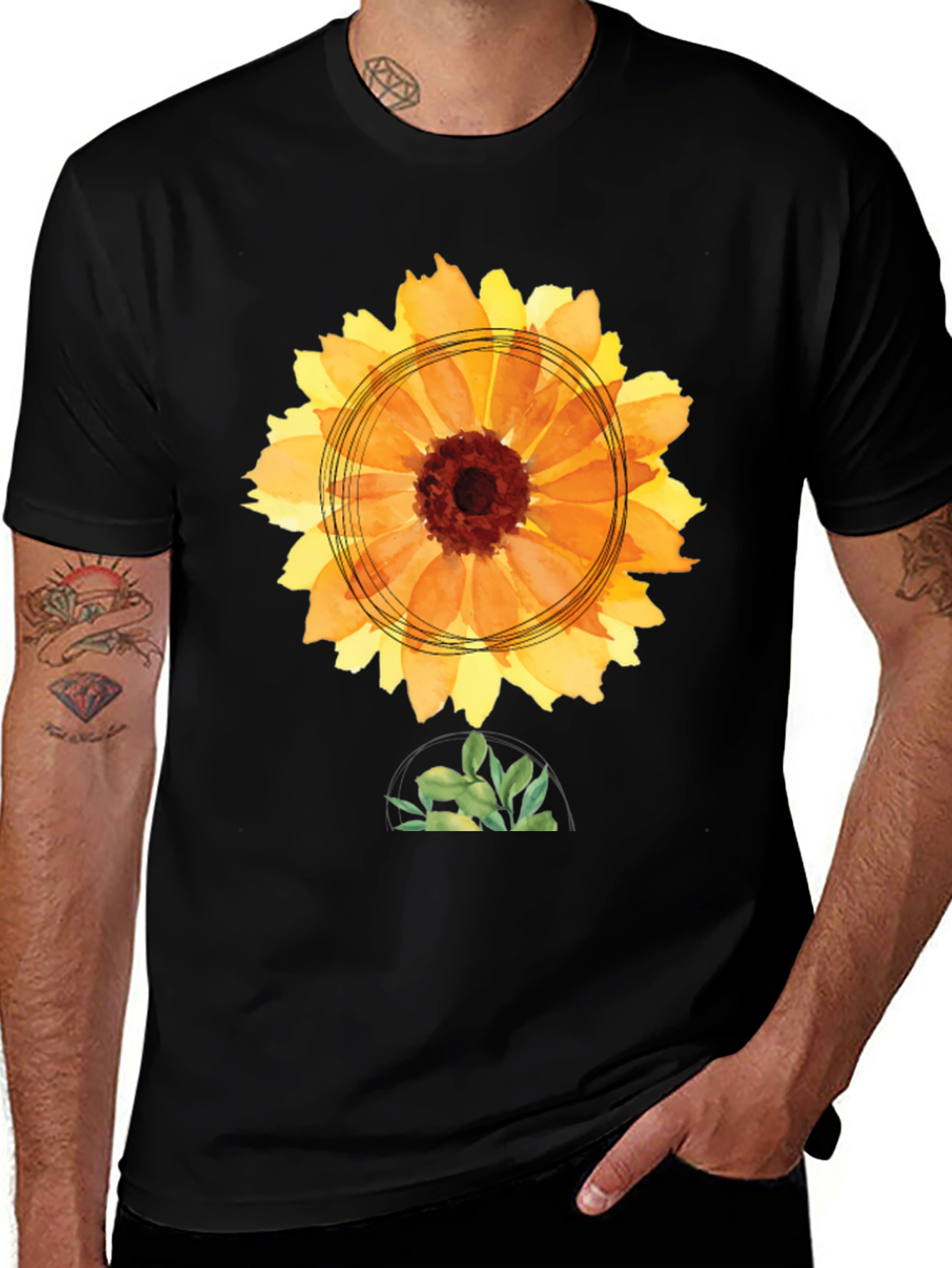 Variant 15 of Sunflower Watercolor Graphic Tee - Black Cotton T-Shirt