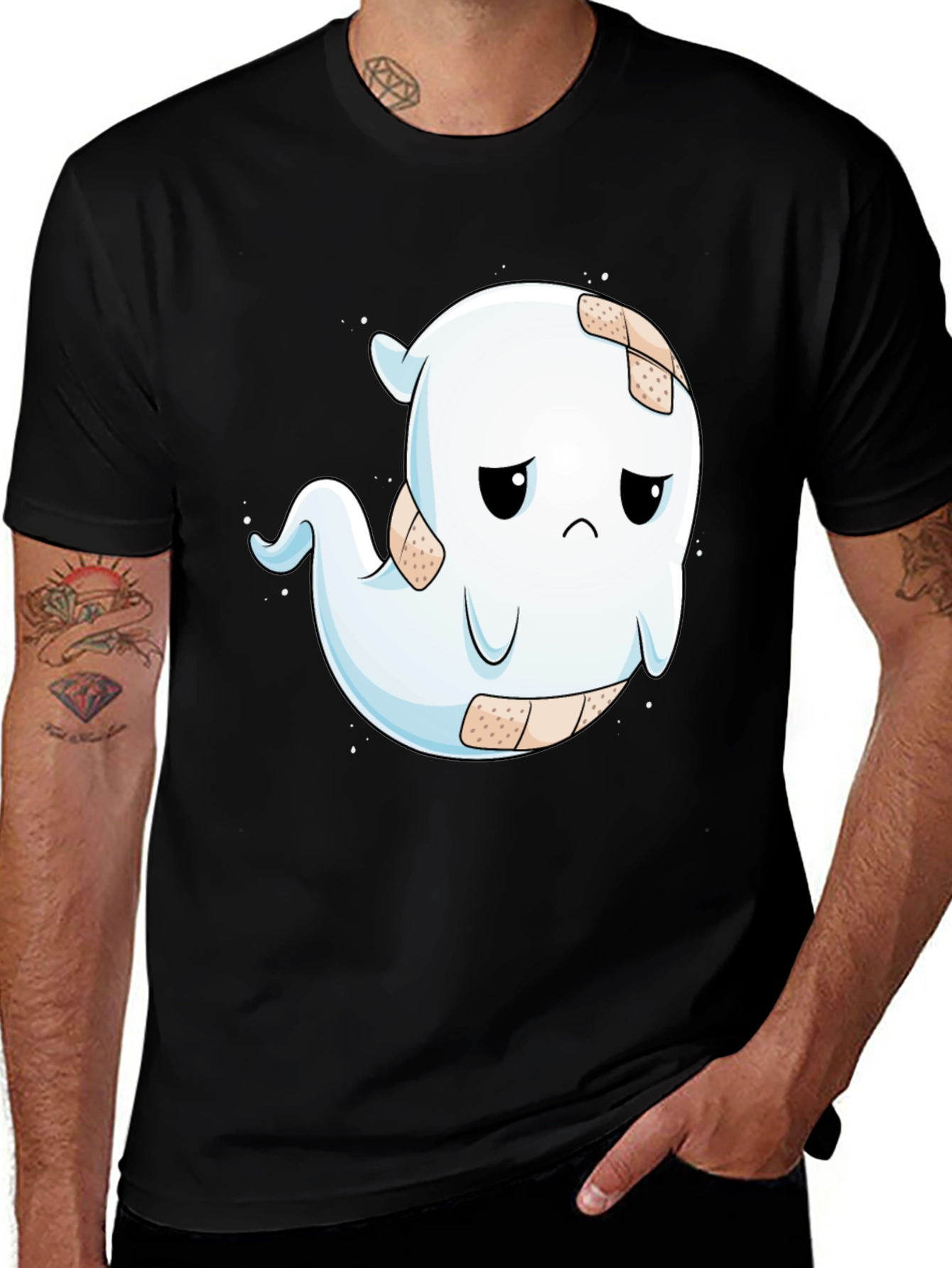 Variant 8 of Sad Ghost T-Shirt - Black Cotton Blend Graphic Tee