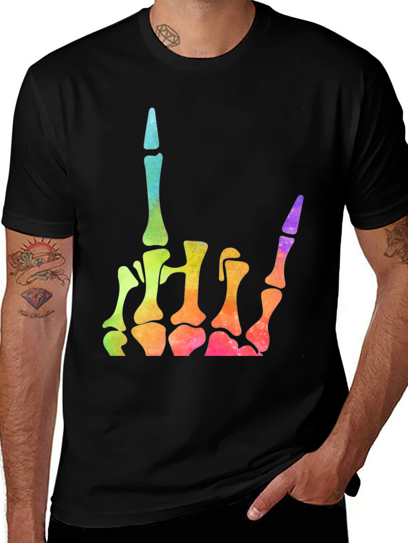 Variant 18 of Rainbow Skeleton Hand Rock On T-Shirt