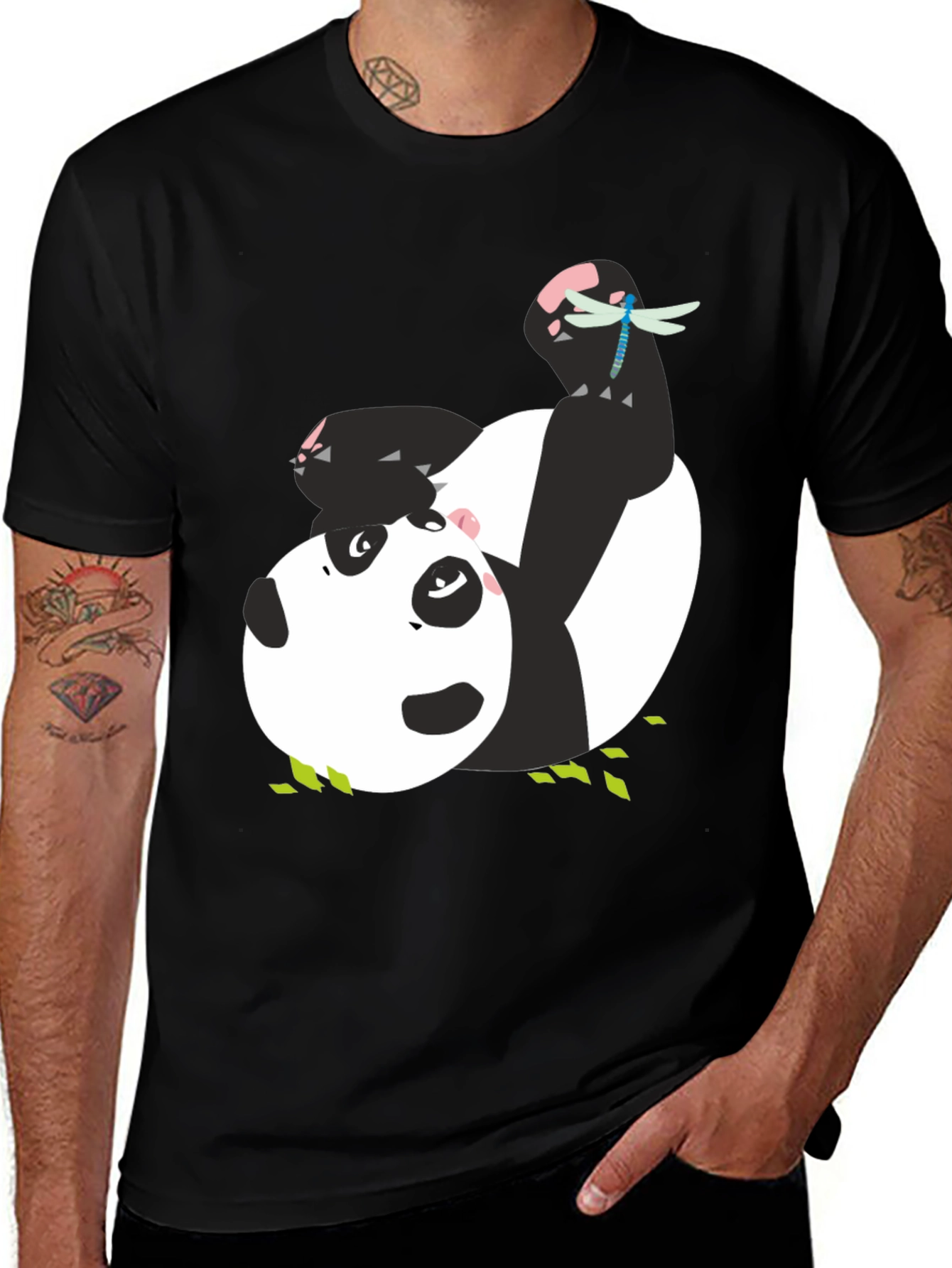 Variant 15 of Cute Panda & Dragonfly Graphic Black T-Shirt