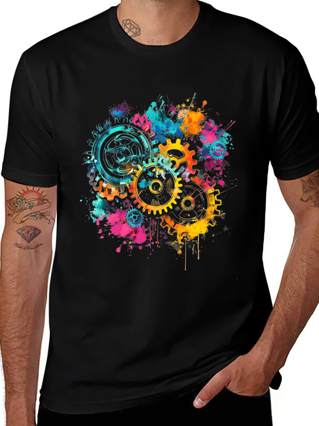 Variant 24 of Gear Splash Black T-Shirt - Modern Artistic Design