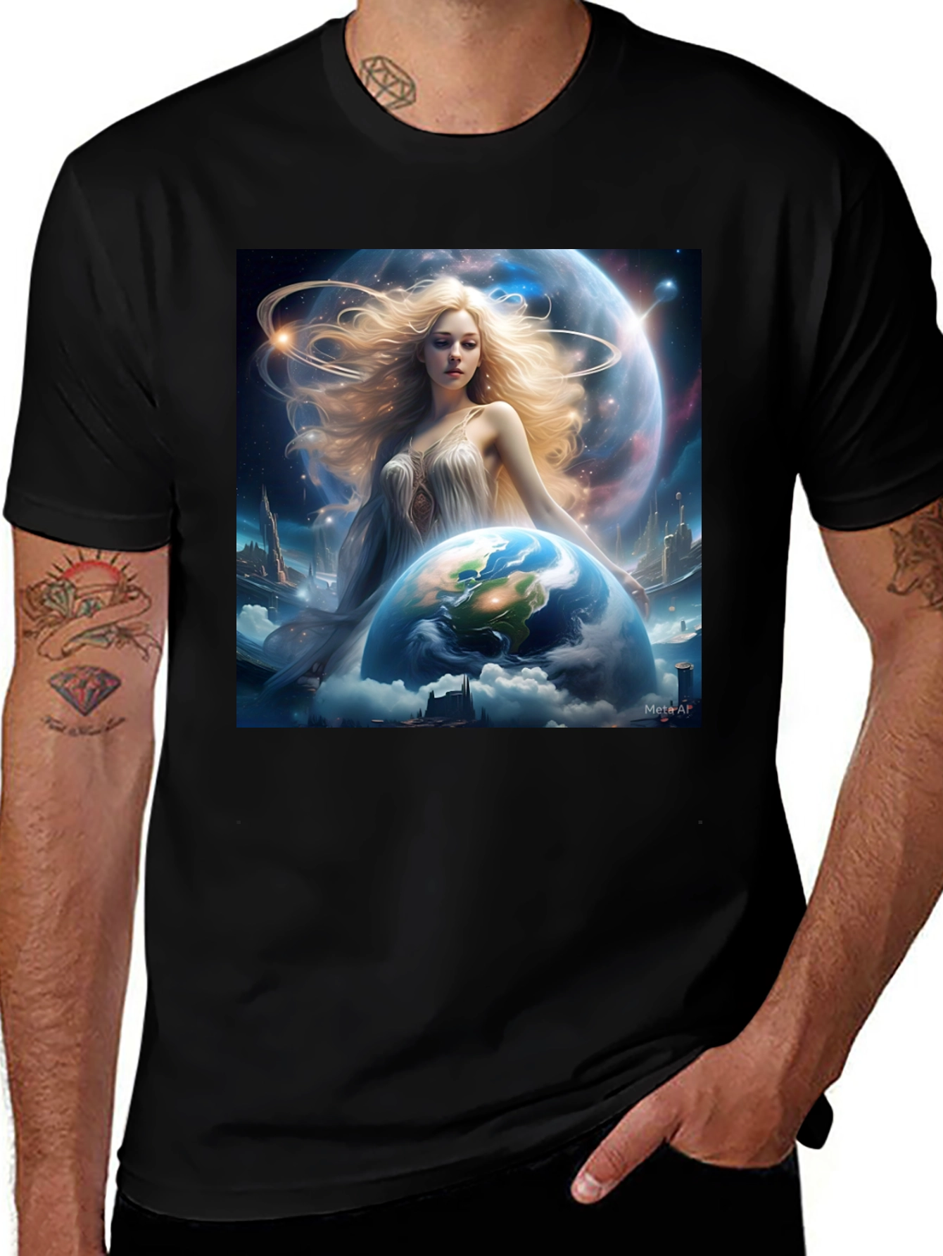 Variant 21 of Celestial Goddess Earth Graphic Tee - Black Cotton Shirt