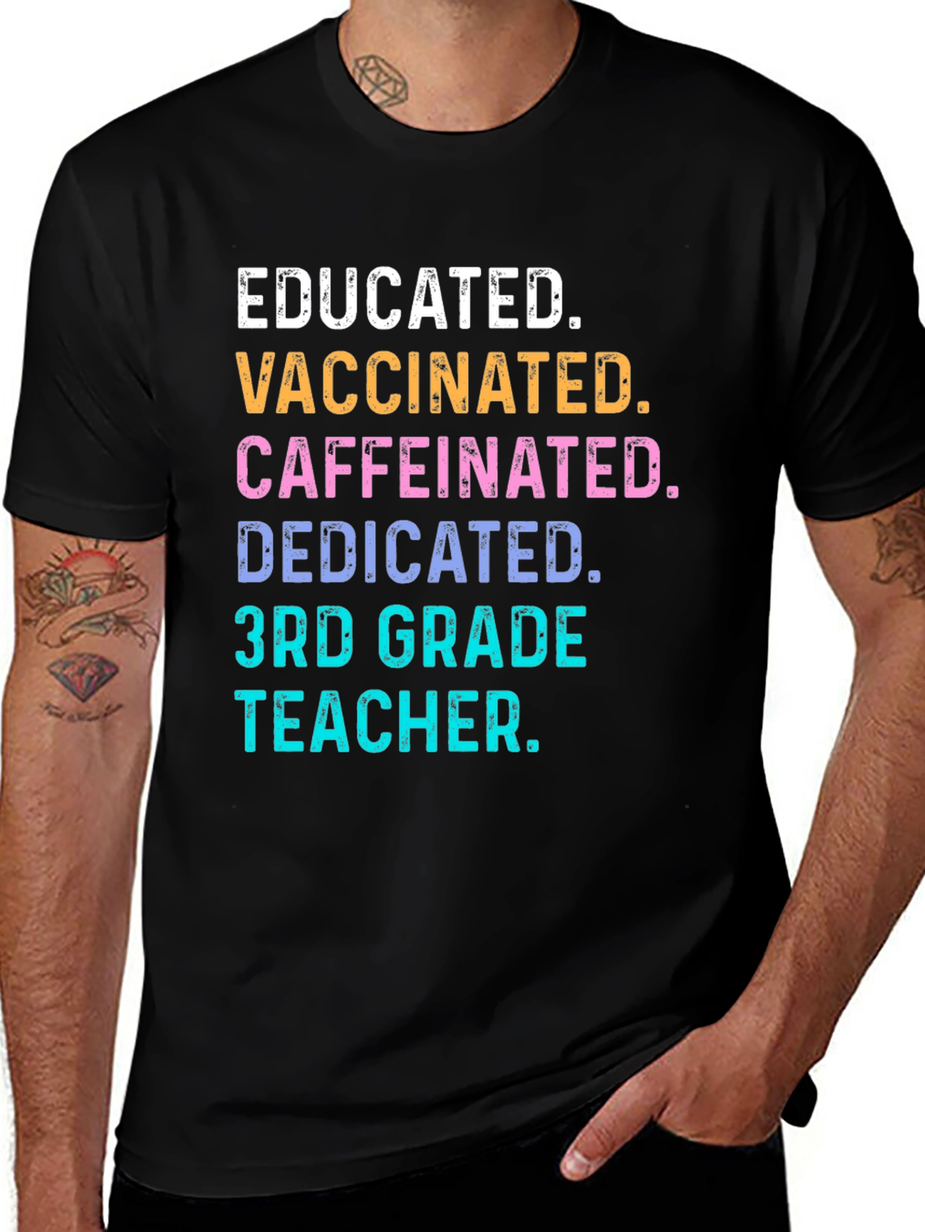 Variant 25 of Educated, Vaccinated, Caffeinated 3rd Grade Teacher T-Shirt