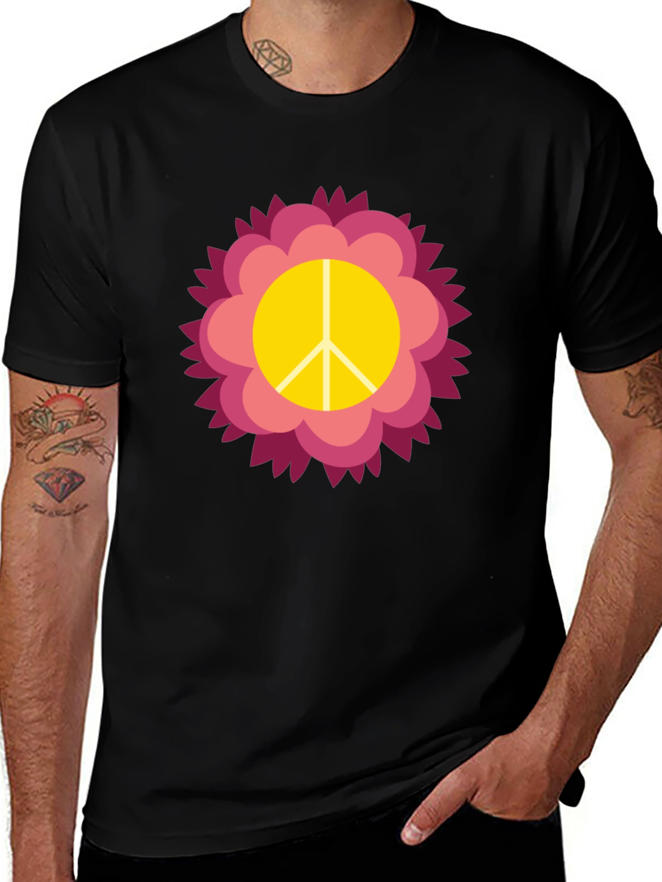 Black Peace Sign Flower Graphic Tee - Black main image