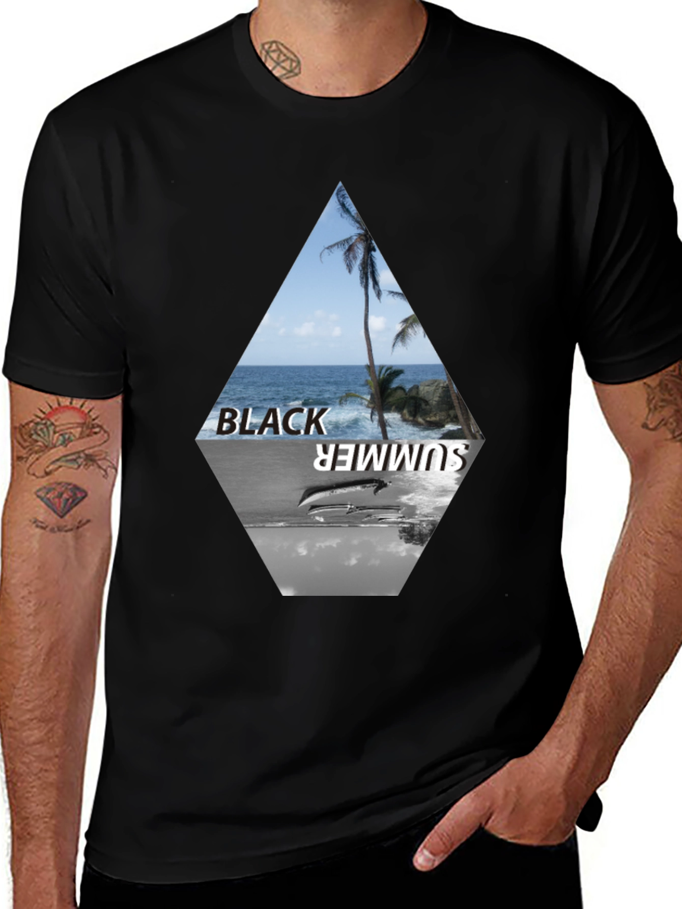 Variant 28 of Black Summer Graphic Tee - Tropical Beach Design
