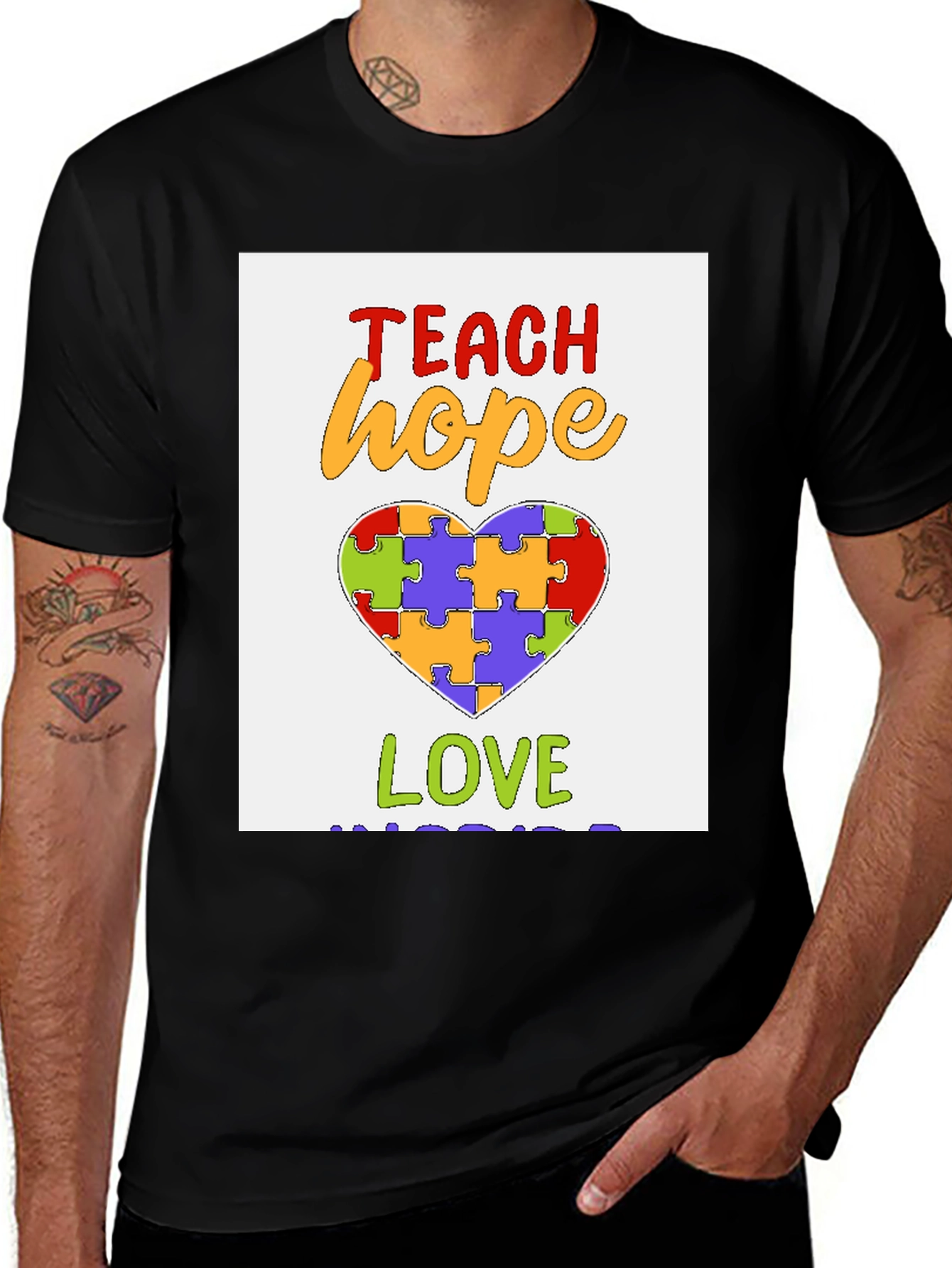Teach Hope Love Autism Awareness Puzzle Heart T-Shirt
