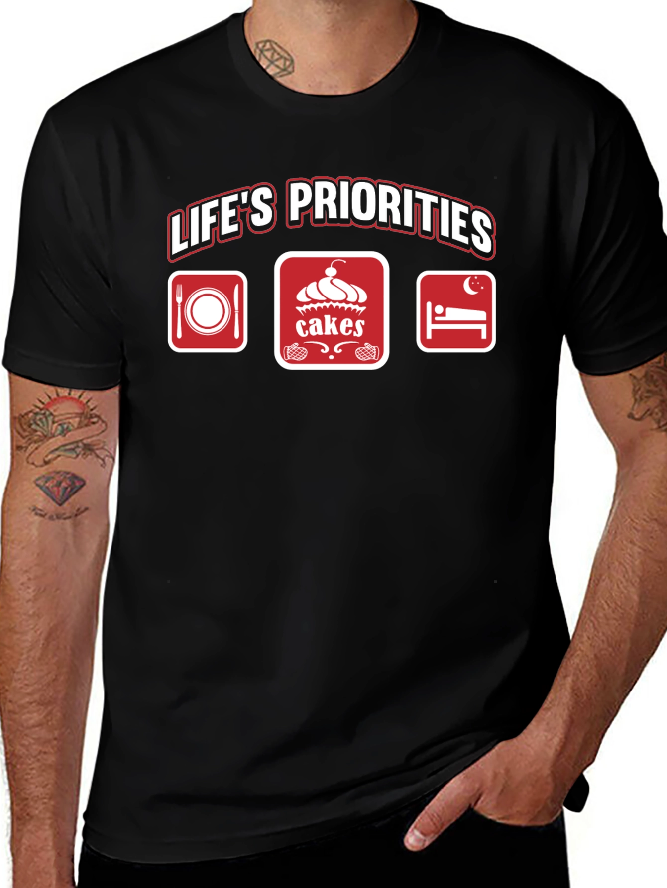 Life's Priorities T-Shirt - Food, Cakes, Sleep