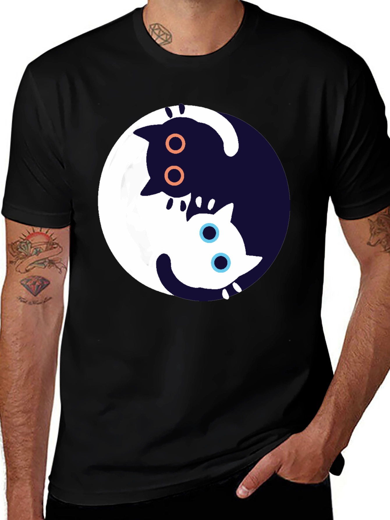 Yin Yang Cat Graphic T-Shirt - Black