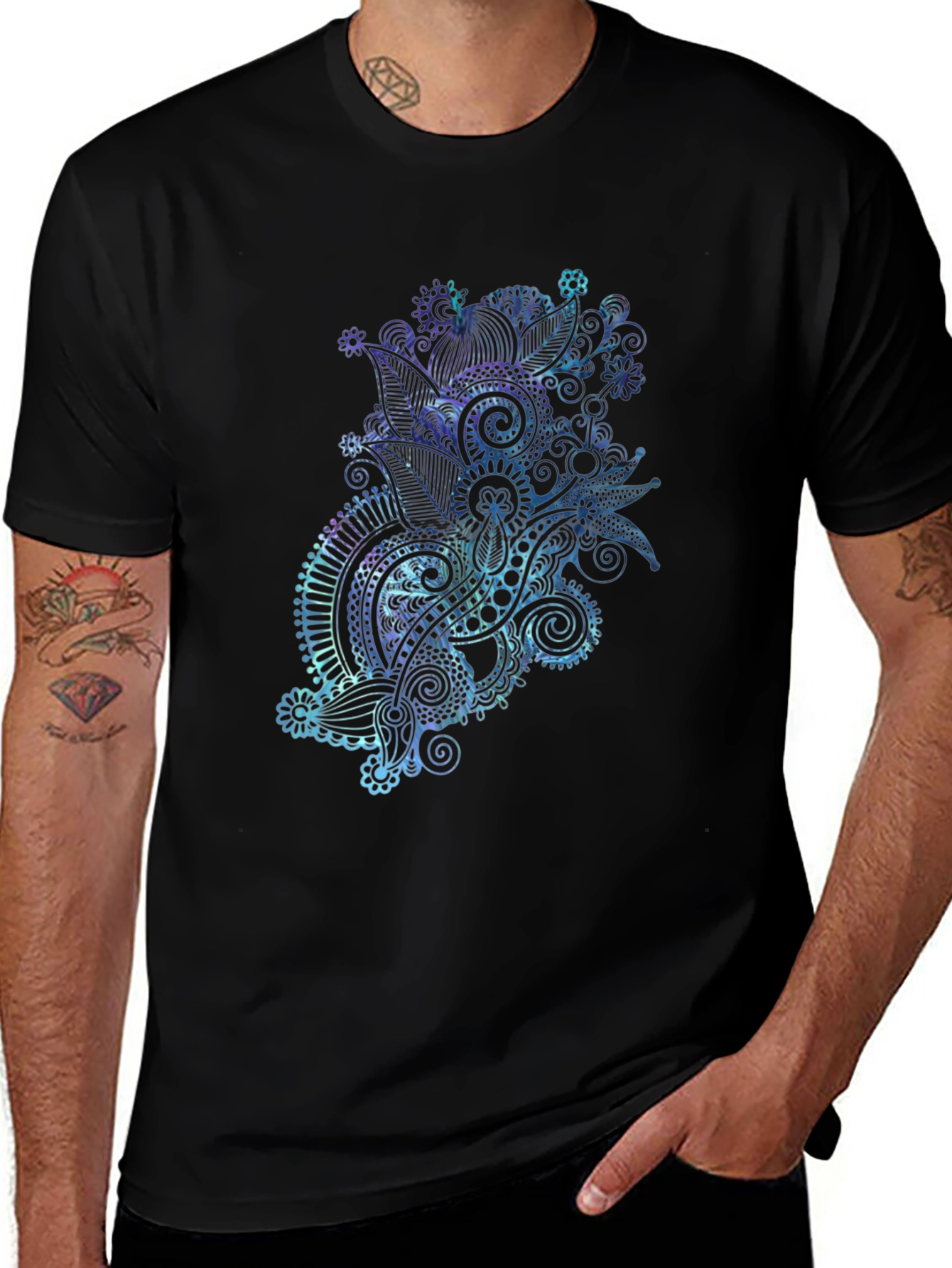 Men's Black T-Shirt with Abstract Floral Design