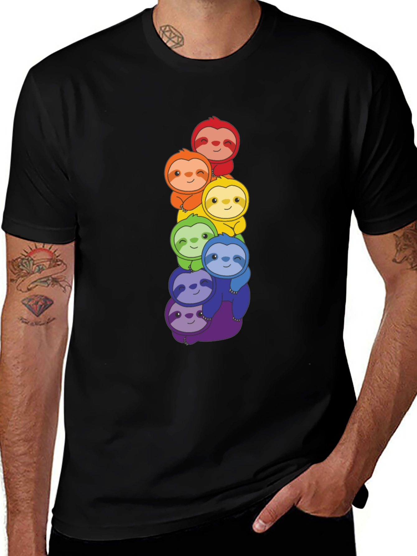 Variant 22 of Rainbow Sloth Stack Graphic Tee - Black Cotton T-Shirt