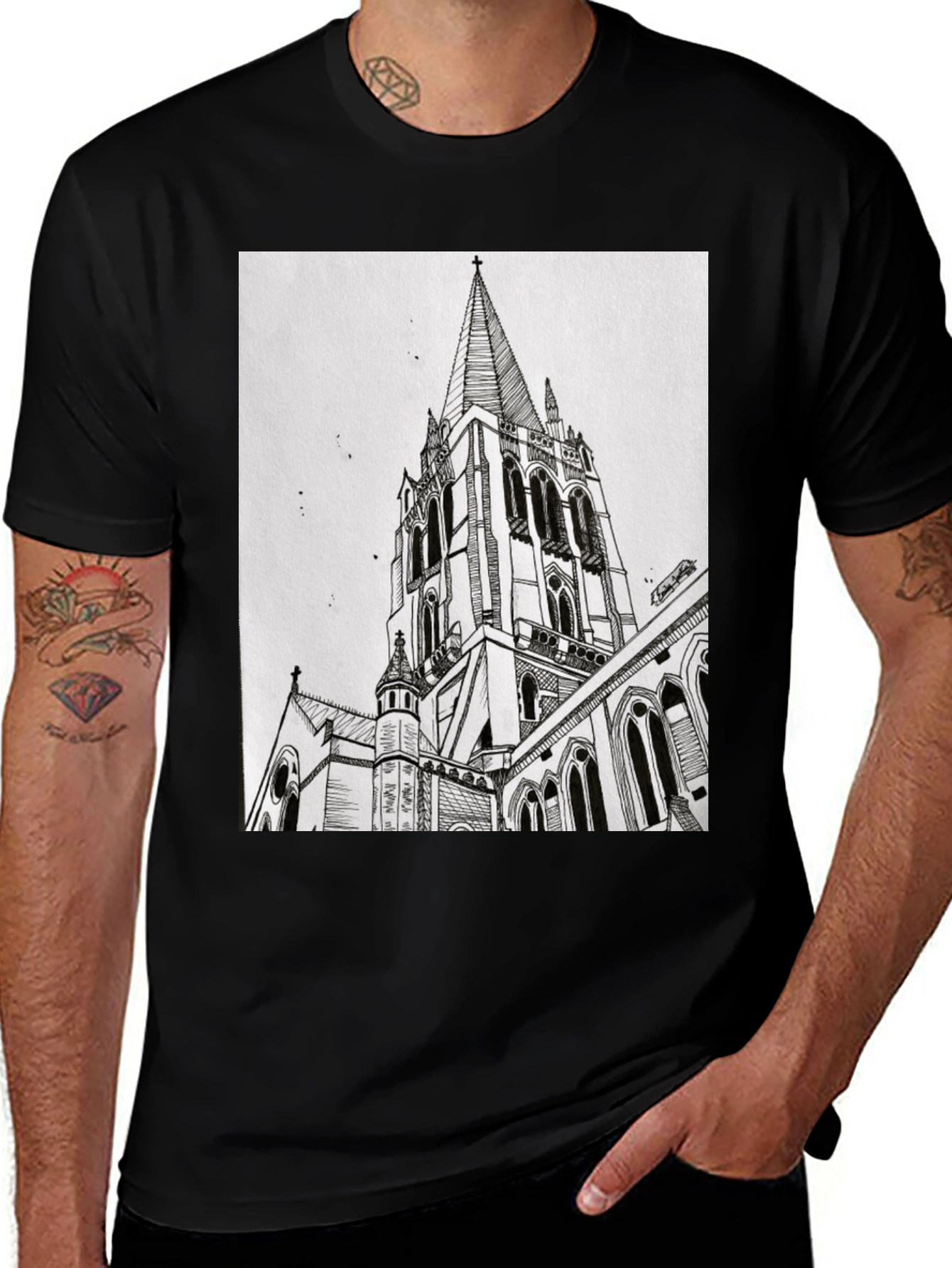 Variant 28 of Architectural Church Drawing Graphic Tee - Black
