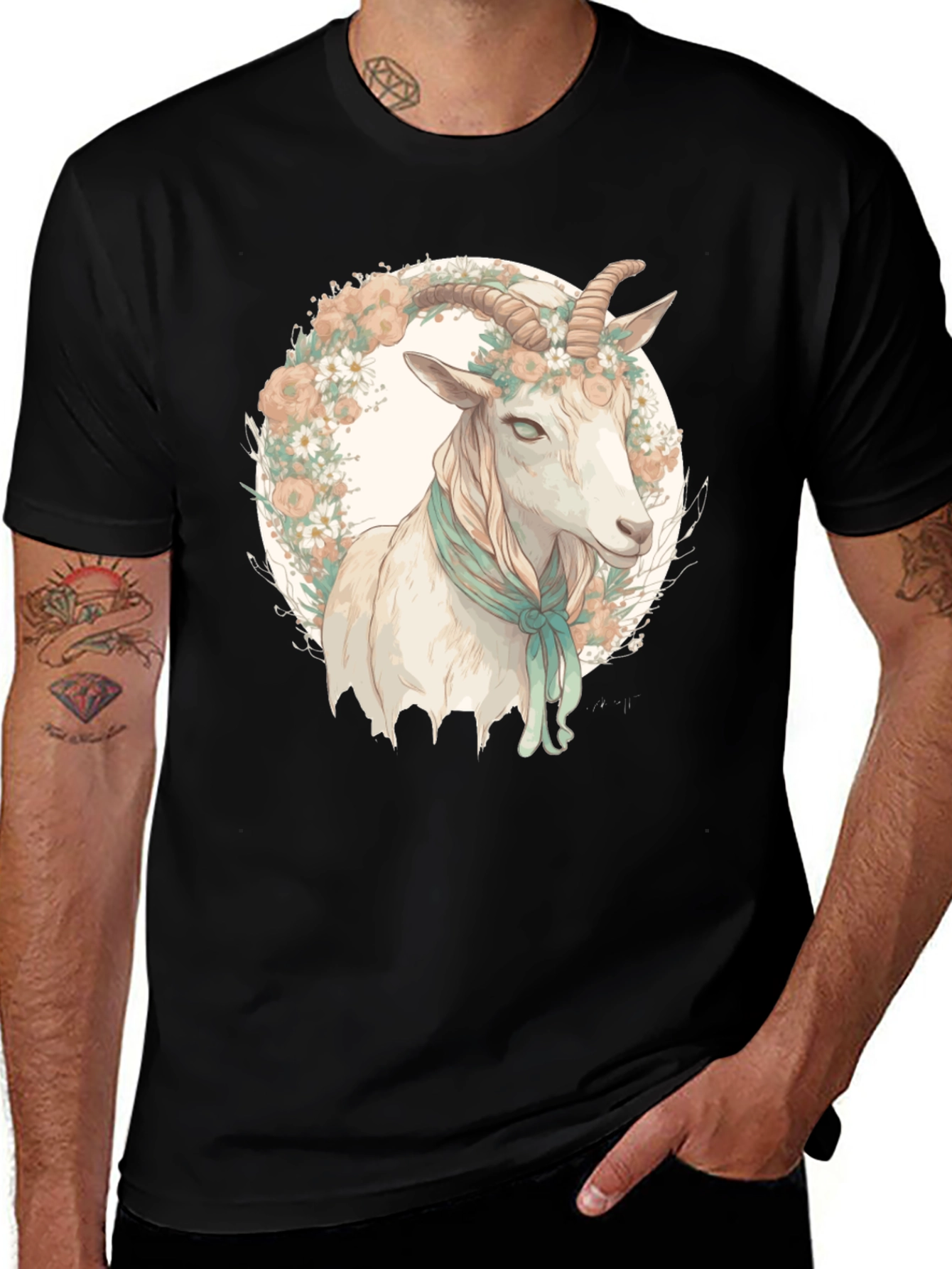 Variant 23 of Goat Floral Wreath Black T-Shirt