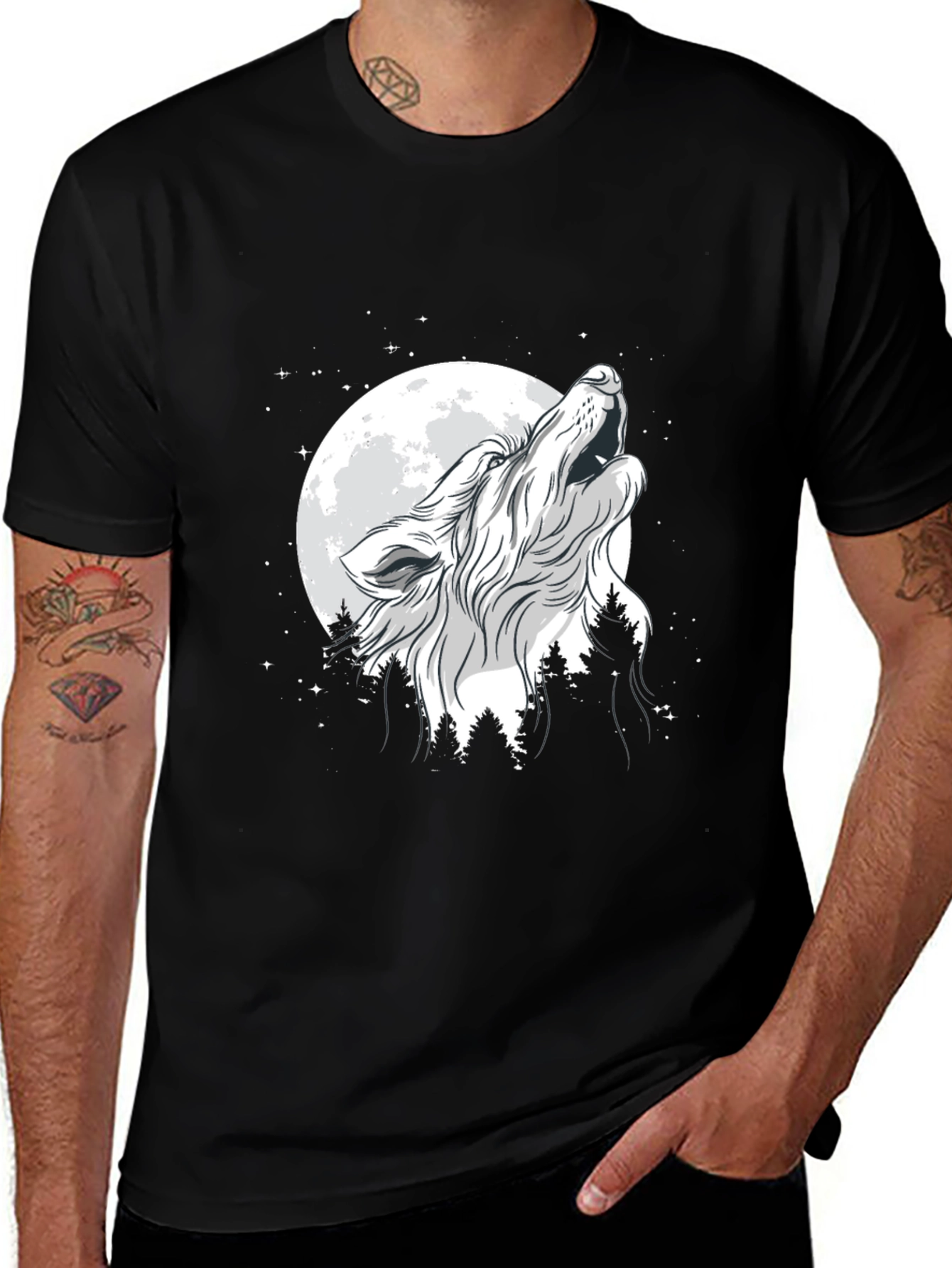 Variant 29 of Wolf Howling at Moon Graphic Black T-Shirt