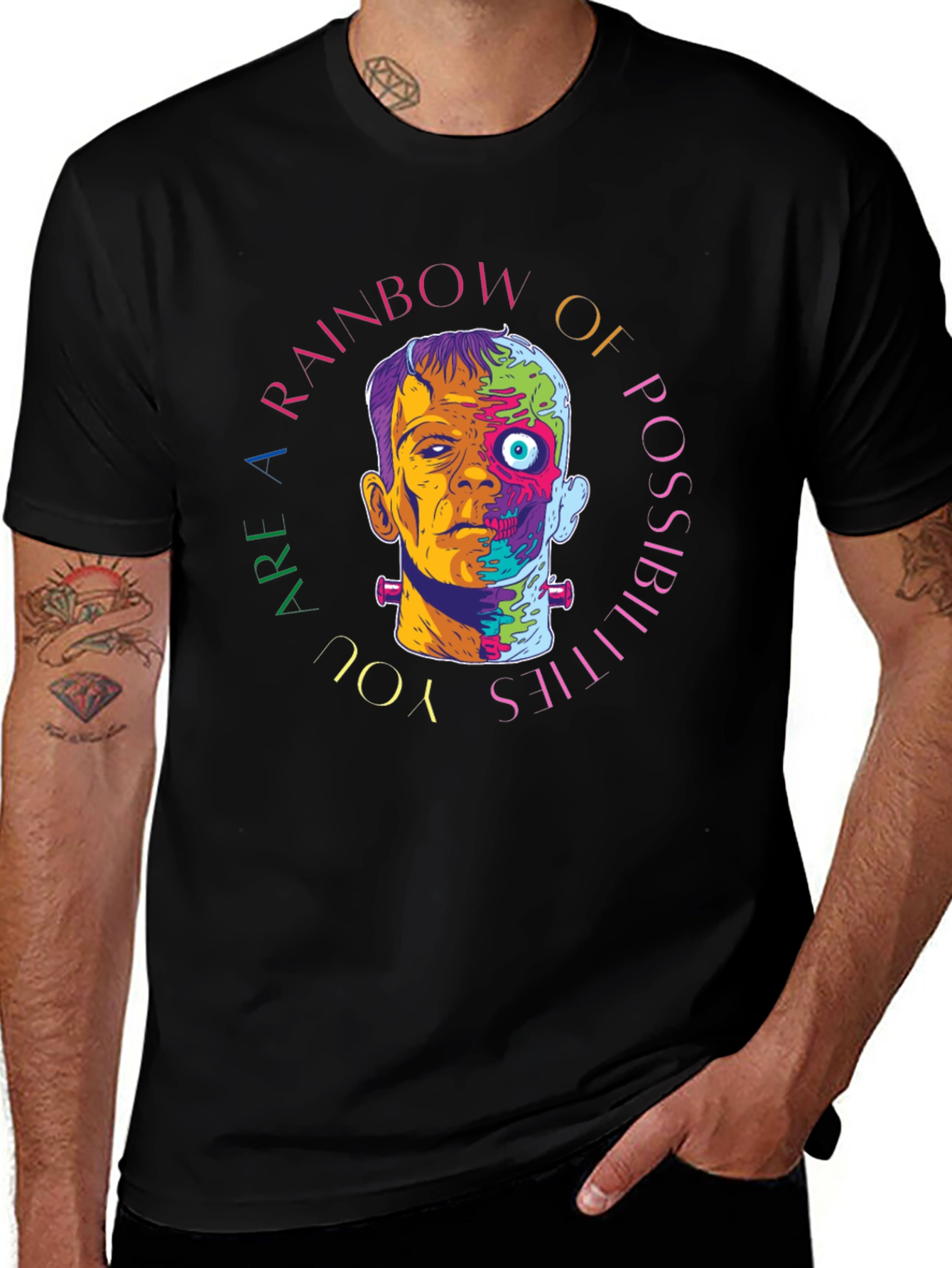 Black Rainbow Frankenstein Graphic Tee - Artistic Horror Style main image