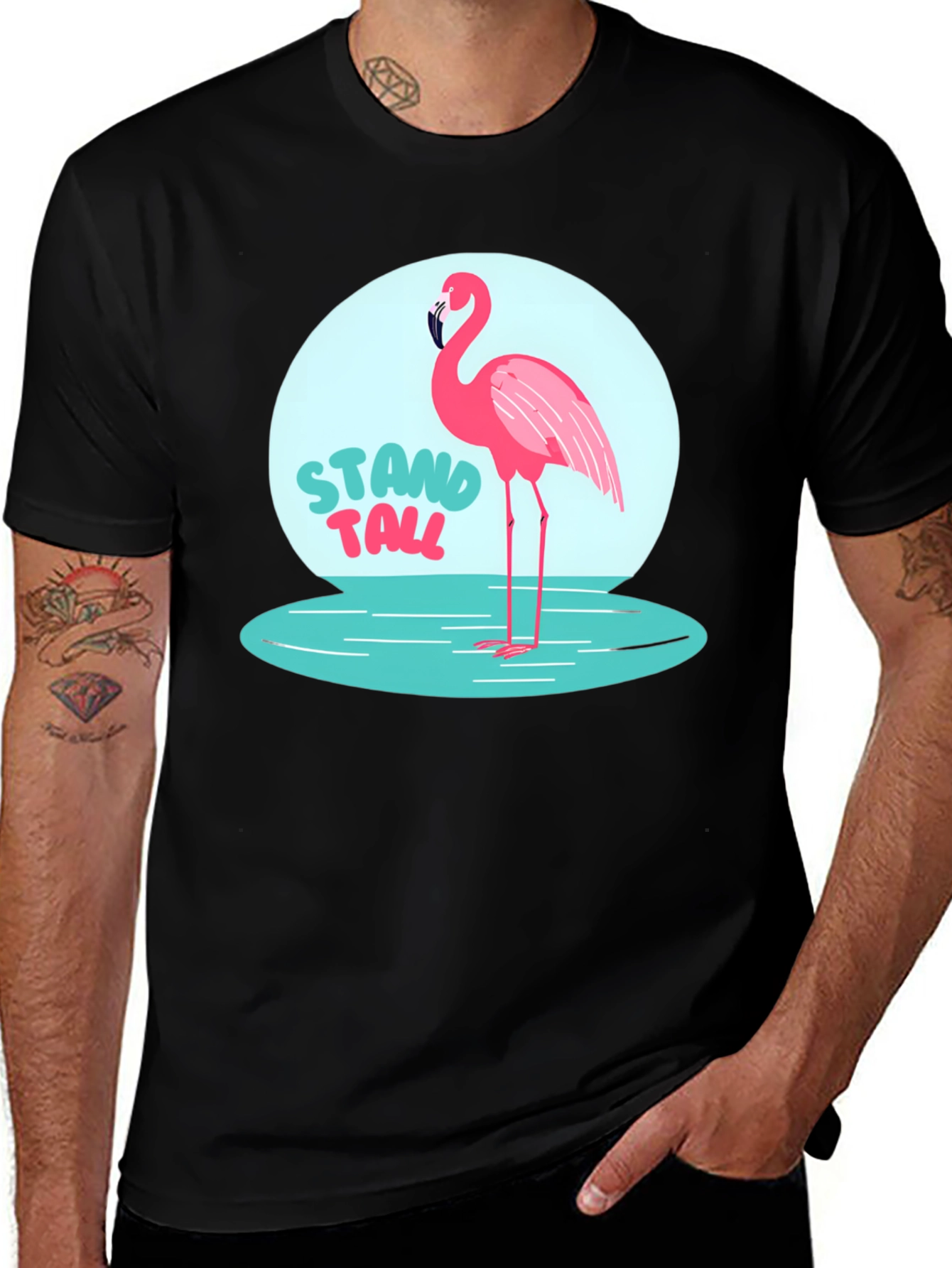 Variant 11 of Stand Tall Flamingo Graphic Tee - Black Cotton Casual Shirt