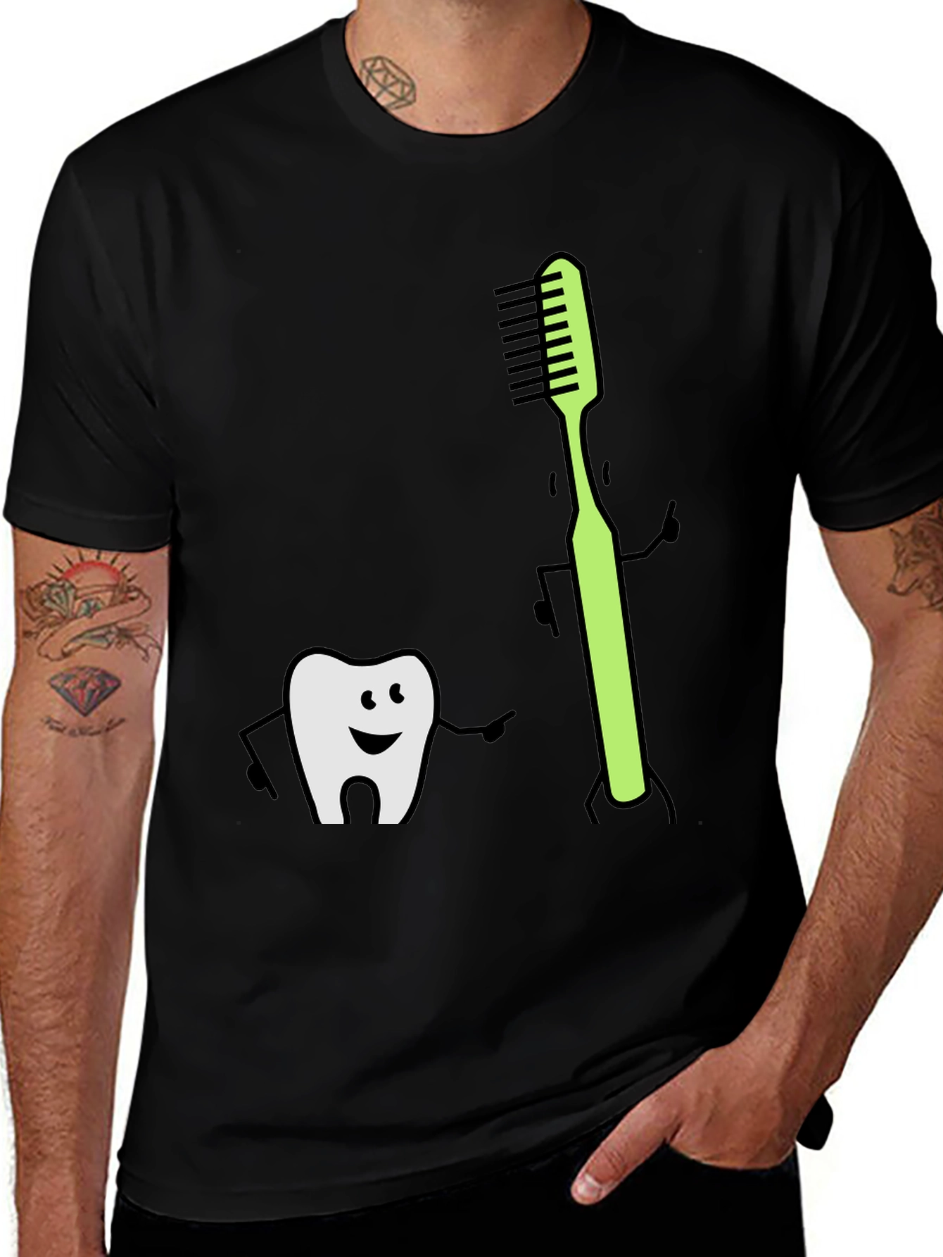 Tooth & Toothbrush Cartoon Black Tee