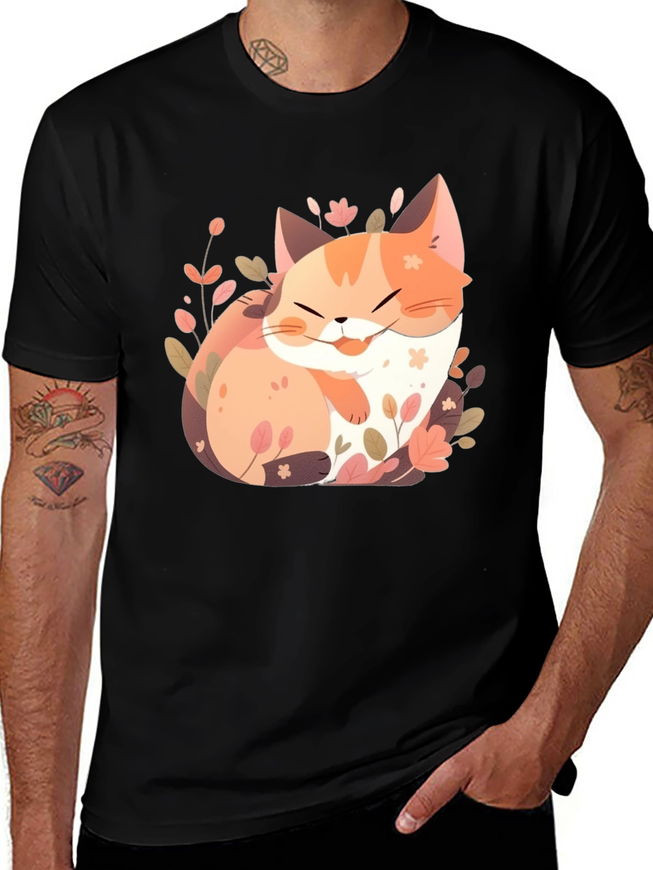 Variant 22 of Cute Cat Floral Graphic Tee - Black