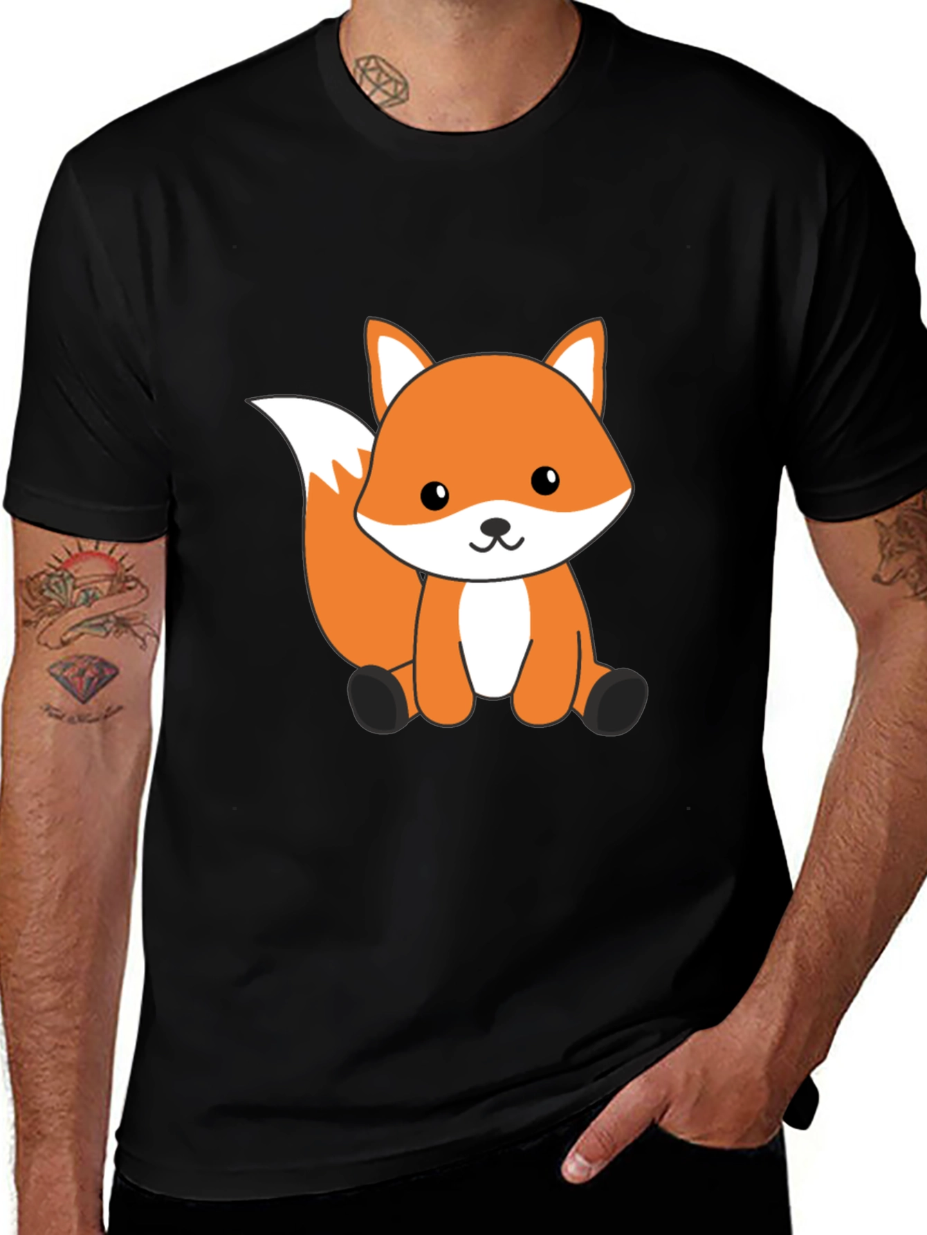 Variant 5 of Cute Cartoon Fox Graphic T-Shirt - Black Cotton Tee