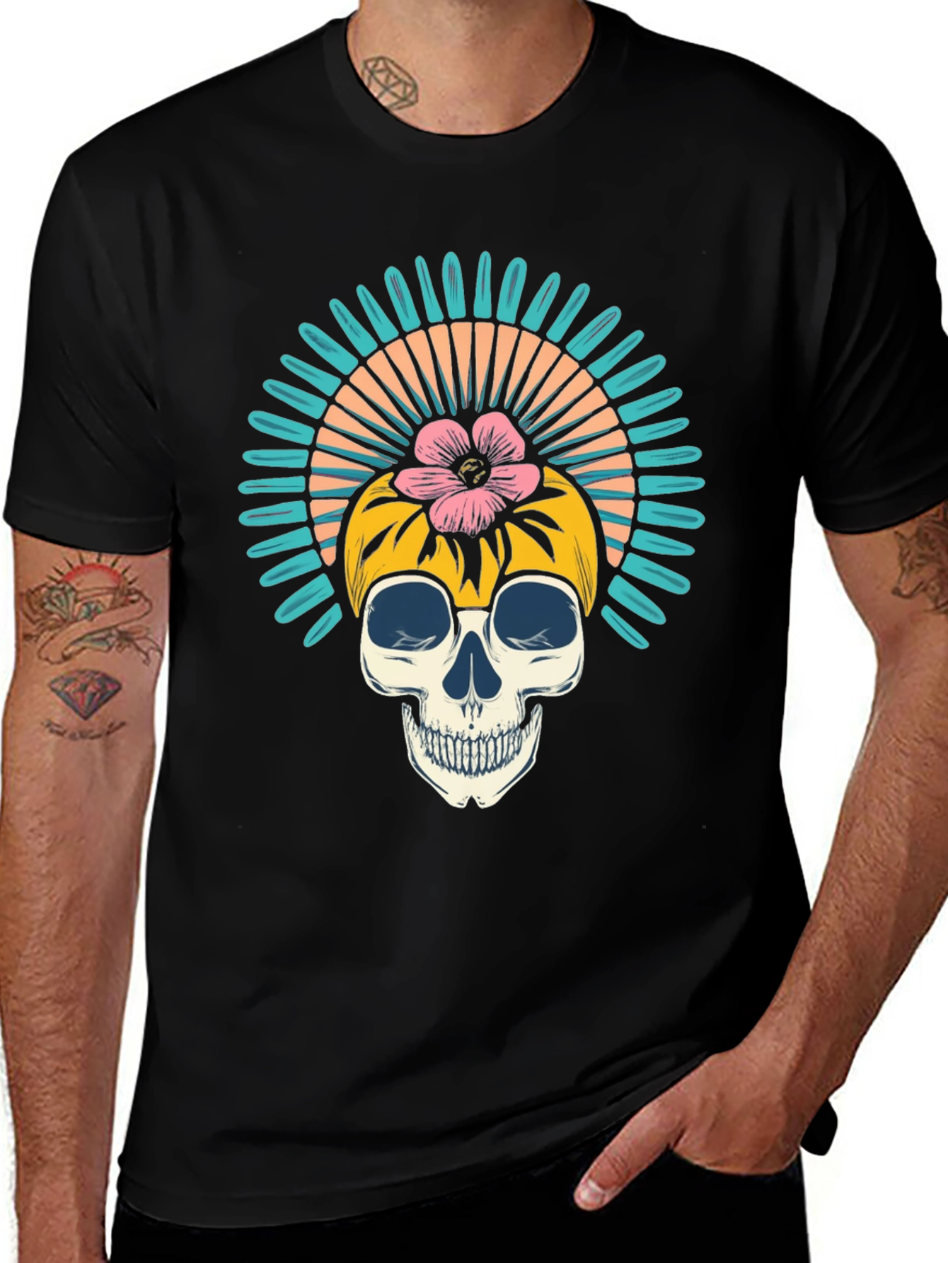 Variant 17 of Skull T-Shirt with Flower and Sunburst Design