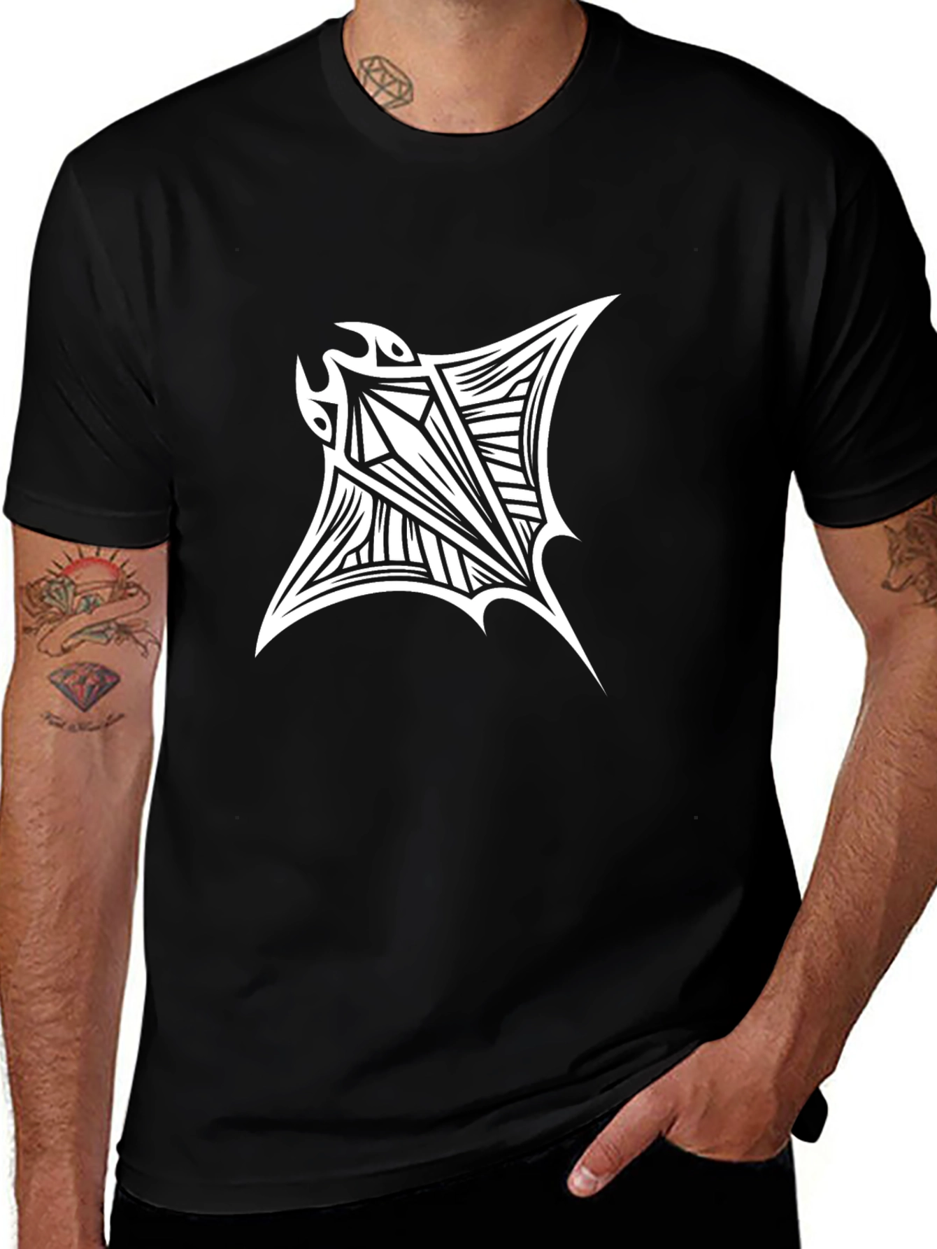 Tribal Manta Ray Graphic T-Shirt - Black