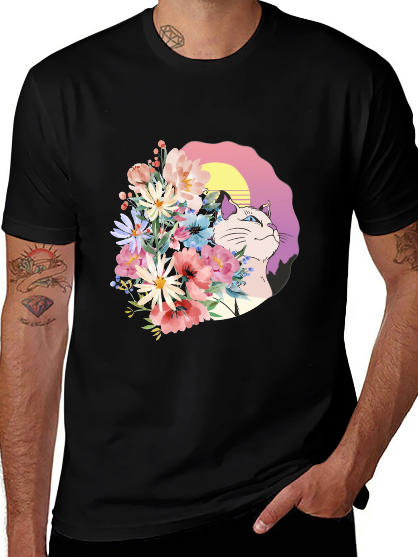 Variant 10 of Floral Cat Graphic Black T-Shirt