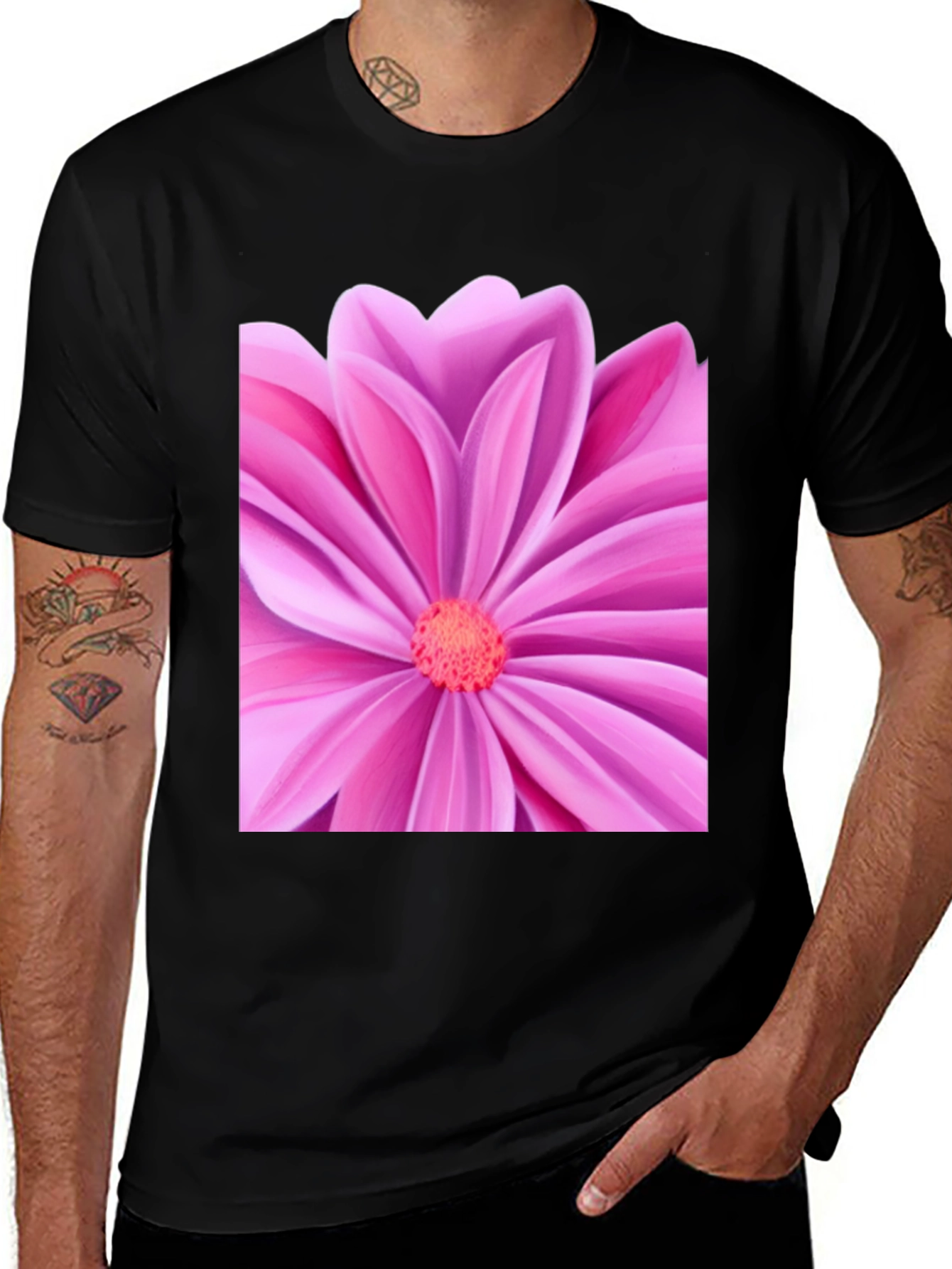 Variant 17 of Pink Petal Flower Graphic Tee - Black