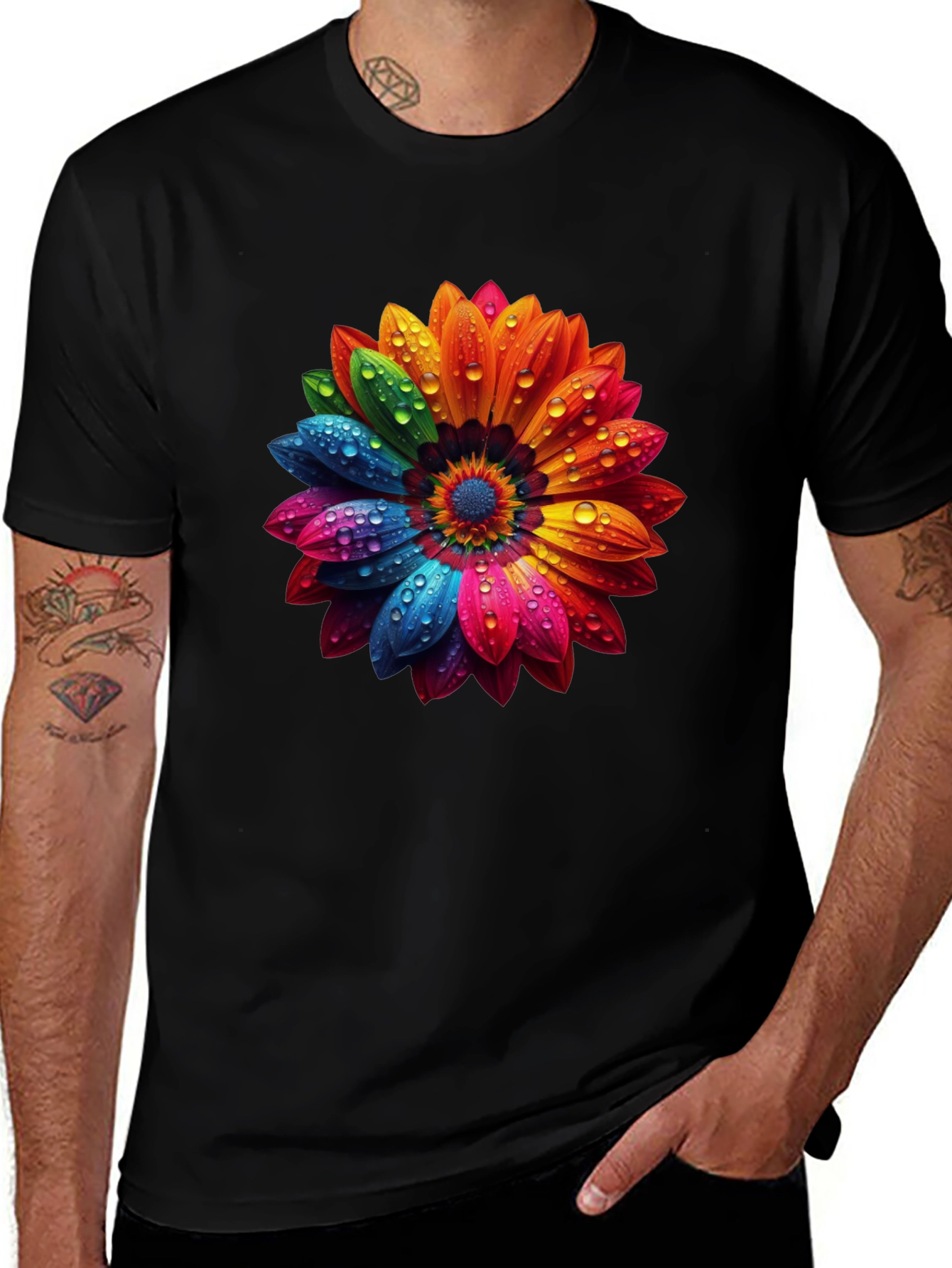 Variant 22 of Rainbow Flower Graphic Print Black T-Shirt