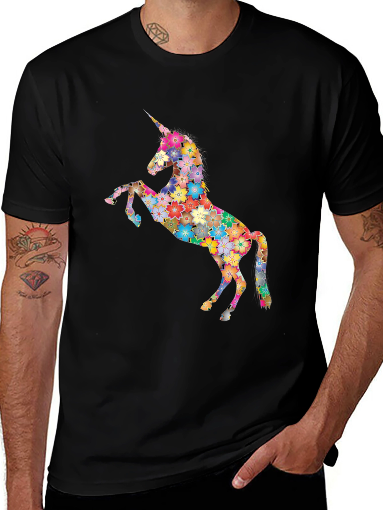 Variant 2 of Floral Unicorn Graphic Tee - Black Cotton T-Shirt