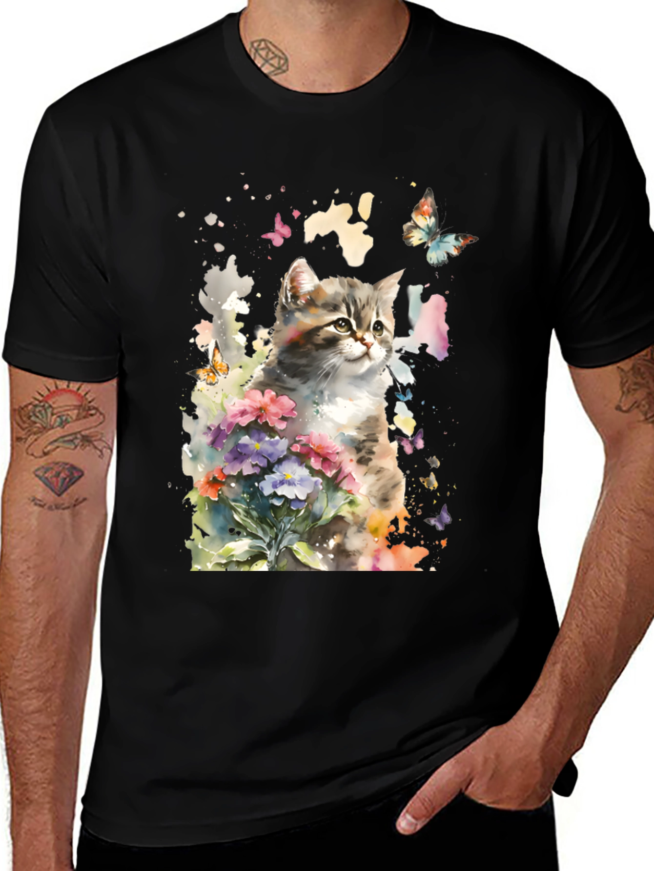 Variant 24 of Watercolor Kitten & Flowers Graphic Tee