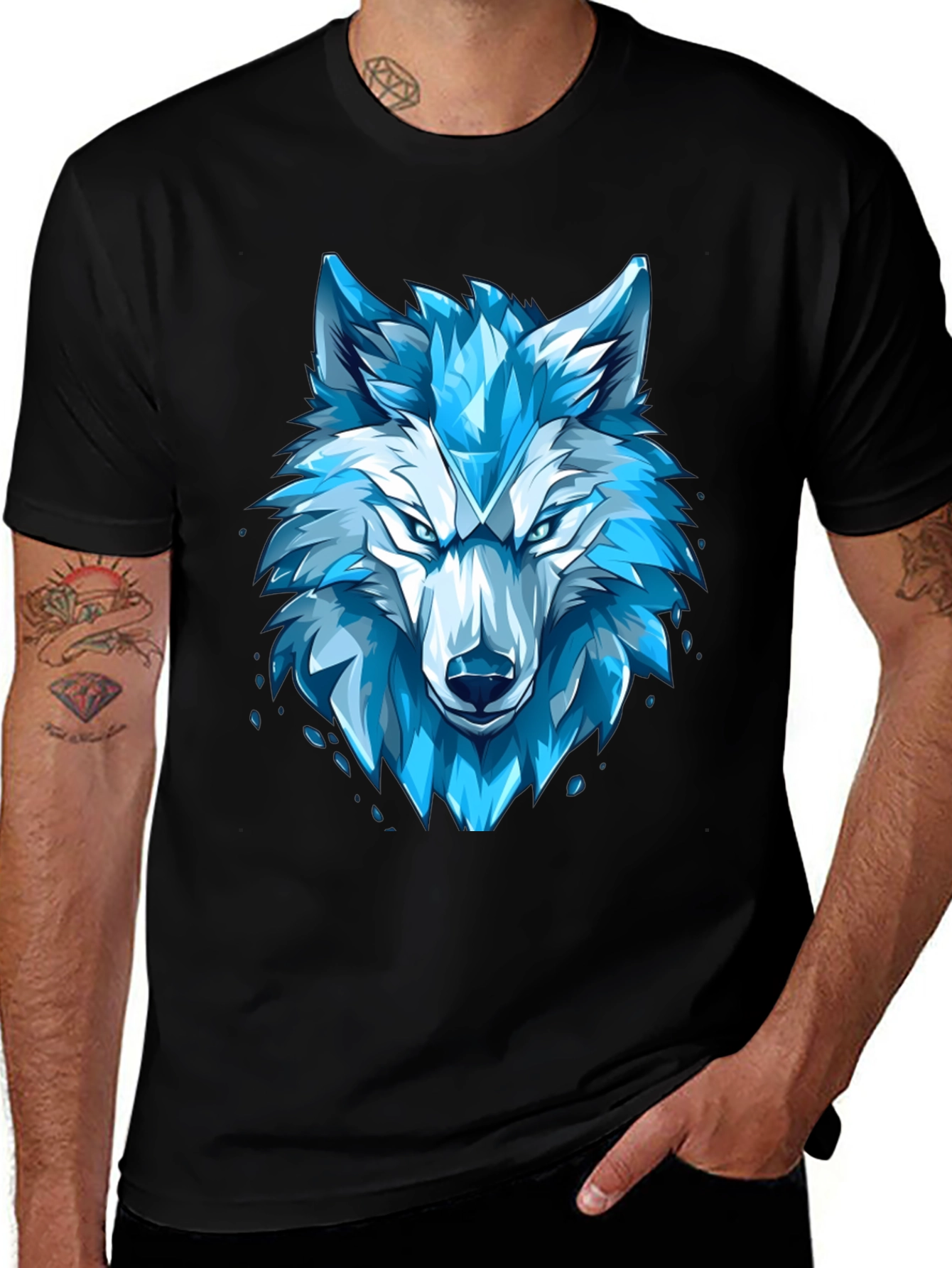 Variant 8 of Cool Blue Wolf Graphic Tee - Black Cotton Blend